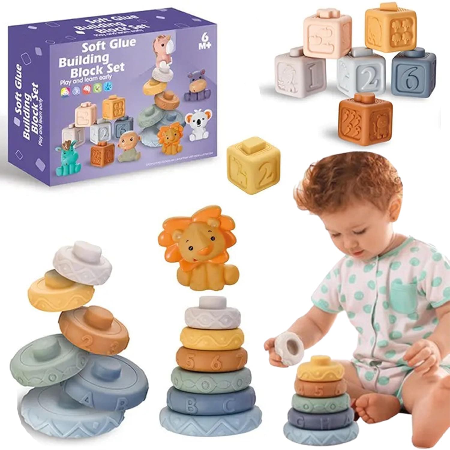 12Pcs Soft Stacking Building Blocks for Baby, Sensory Montessori Toys Toddler Activities for Infant 6-12 Months, Infant Teething Toys (13Pcs)