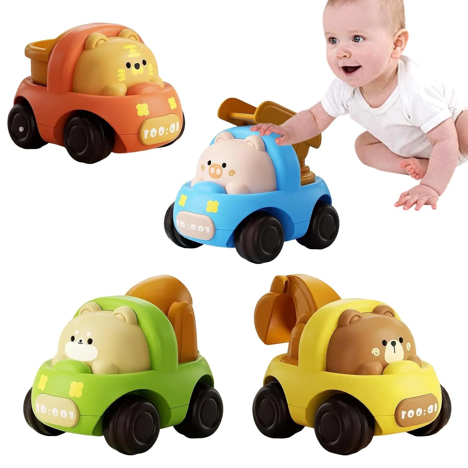 4PCS Press to Go Car Toys for Toddlers 1-3, Soofam Baby Animal Racing Cars, Infant Play Vehicle Set, Baby Push Go Friction Car Toys for 6-9-12-18 Months, 1st Birthday Gifts for 1-2 Years Old Boys