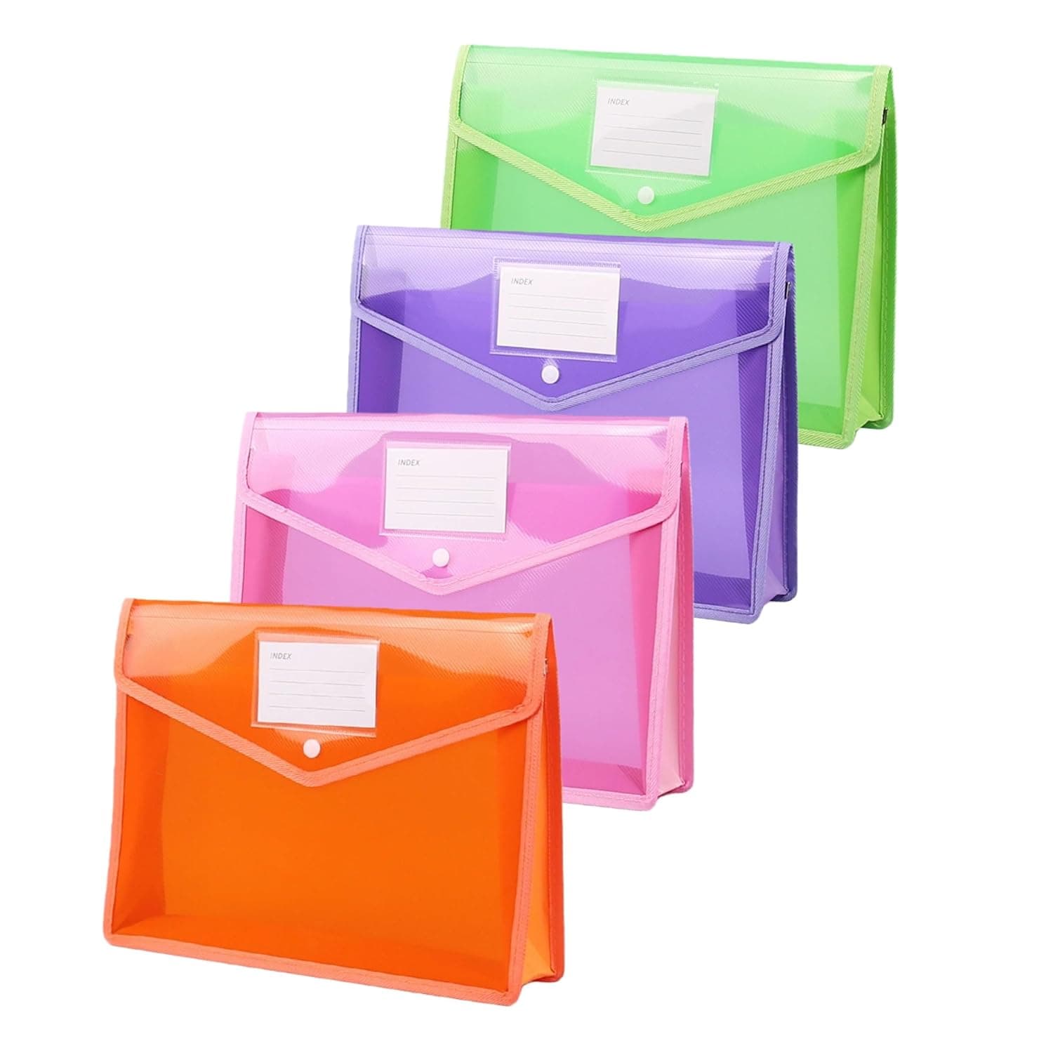 A4 Plastic File Folders, A4 Envelope File Wallet Waterproof File Plastic Document Folder with Snap Closure and Pocket for School Office Work Home Organization (Orange, Pink, Purple, Green)