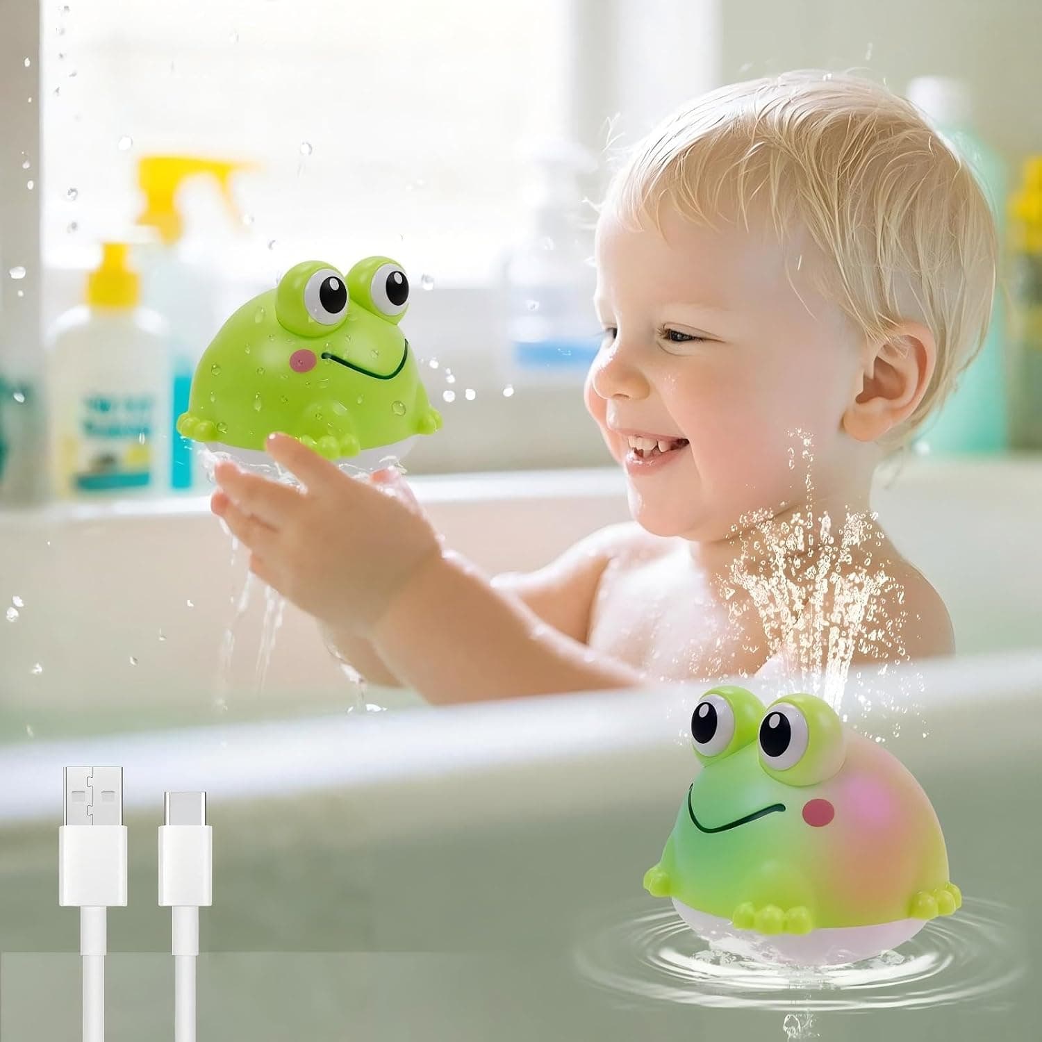 Light Up Bath Toy Sprinkler for Toddlers, Built-In Rechargeable Water Spray Shower Toy with LED Lights for Baby Bathtub & Pool Play, Frog