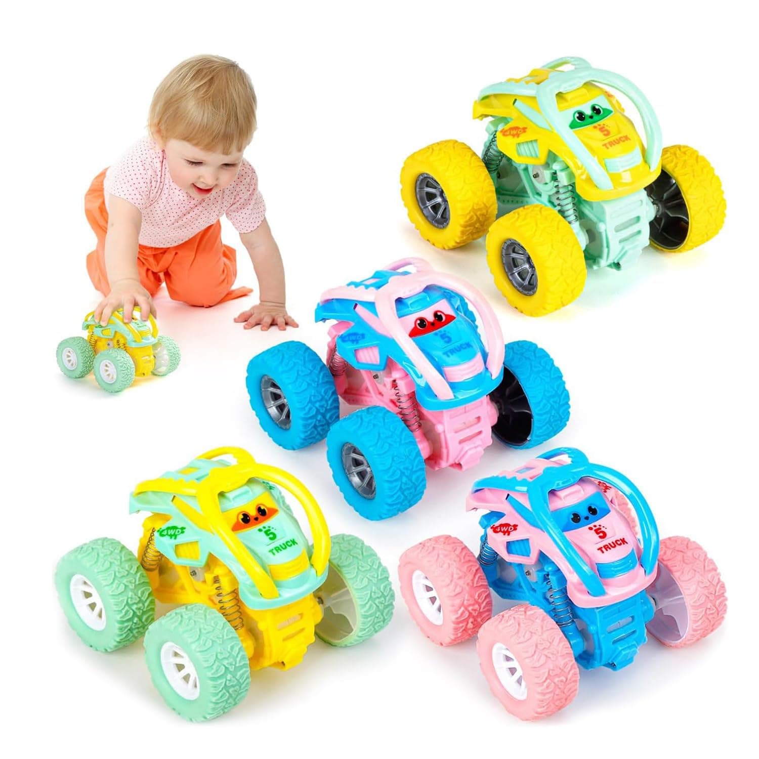 Soofam 4PCS Kids Toy Car, Vehicle Monster Trucks for Toddlers Toys, Impact Resistance Four-Wheel Drive Car, Friction Powered Push and Go Toy Cars for 2-5 Year Old Boys Girls, Birthday Gifts for Kids