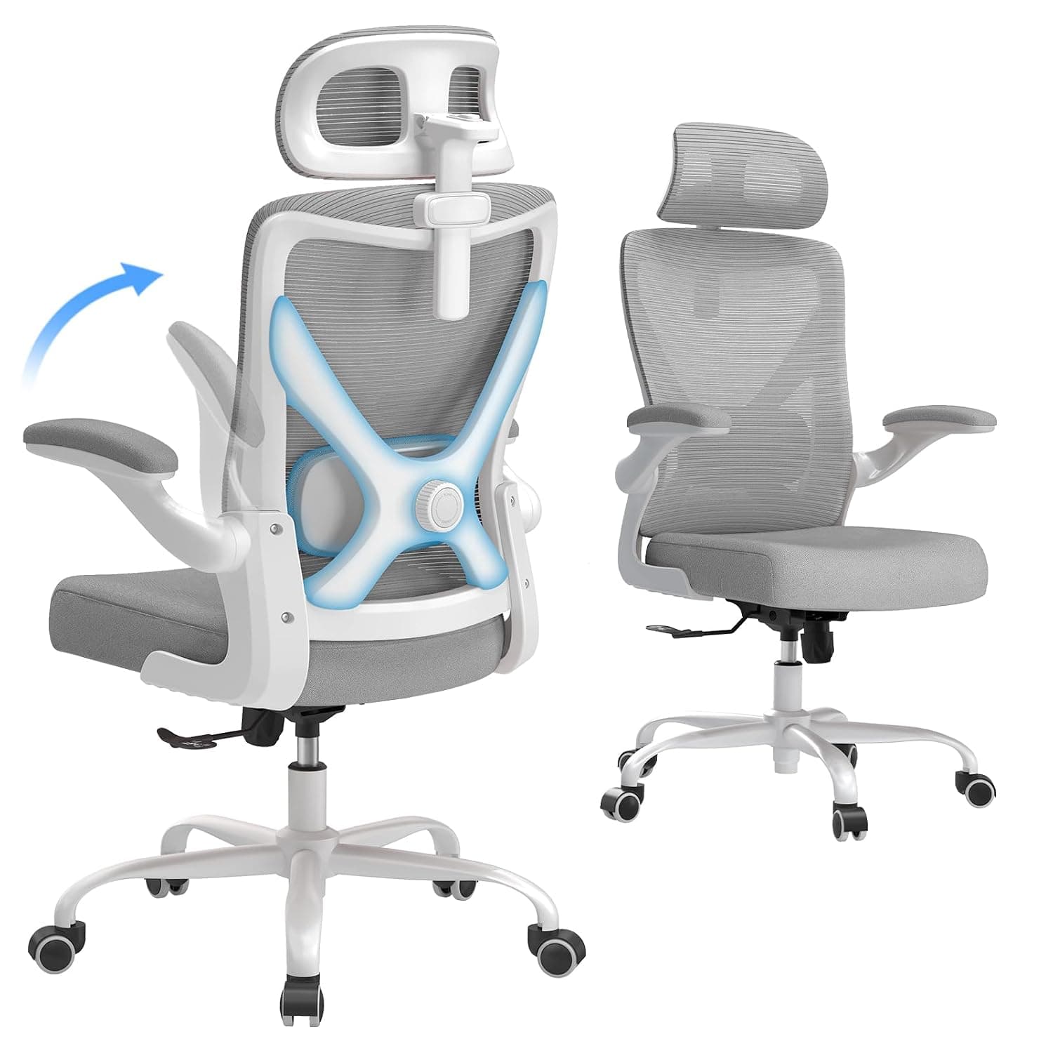 Ergalithic Ergonomic Office Chair -Office Chair Home Office Desk chair with Lumbar Support X-Shaped - Desk Chair Mesh Computer Chair Gaming Chair with Adjustable Headrest and Armrests (White Grey)