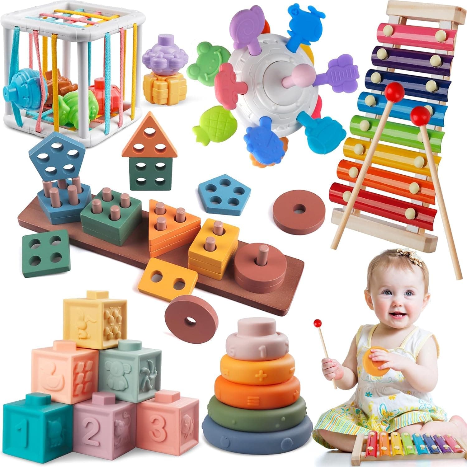 Montessori Baby Toy for 1+ Year Old Sorting Stacking Learning Toys 6 to 12 Months Wooden Building Blocks, Xylophone Musical, Infant Teethers Toys for Baby, 6 in 1 Toy Birthday Gifts for Toddlers 1 2 3