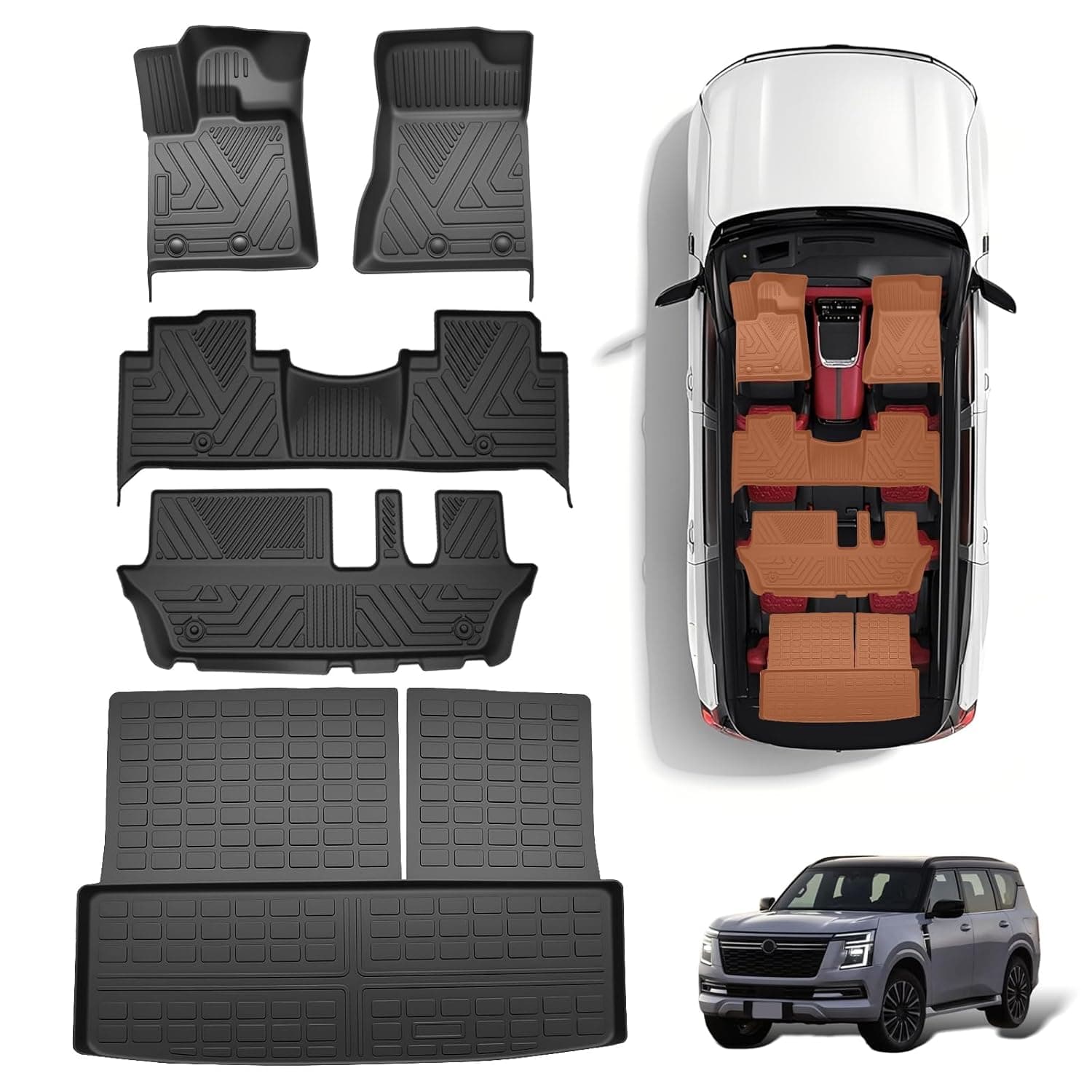 All-Weather TPE Floor Mats for Patrol Y63 2025-2026 - Custom Fit Waterproof Floor Liners with Trunk Mat, Complete Interior Protection Set，Patrol Y63 Accessories (6Pcs)