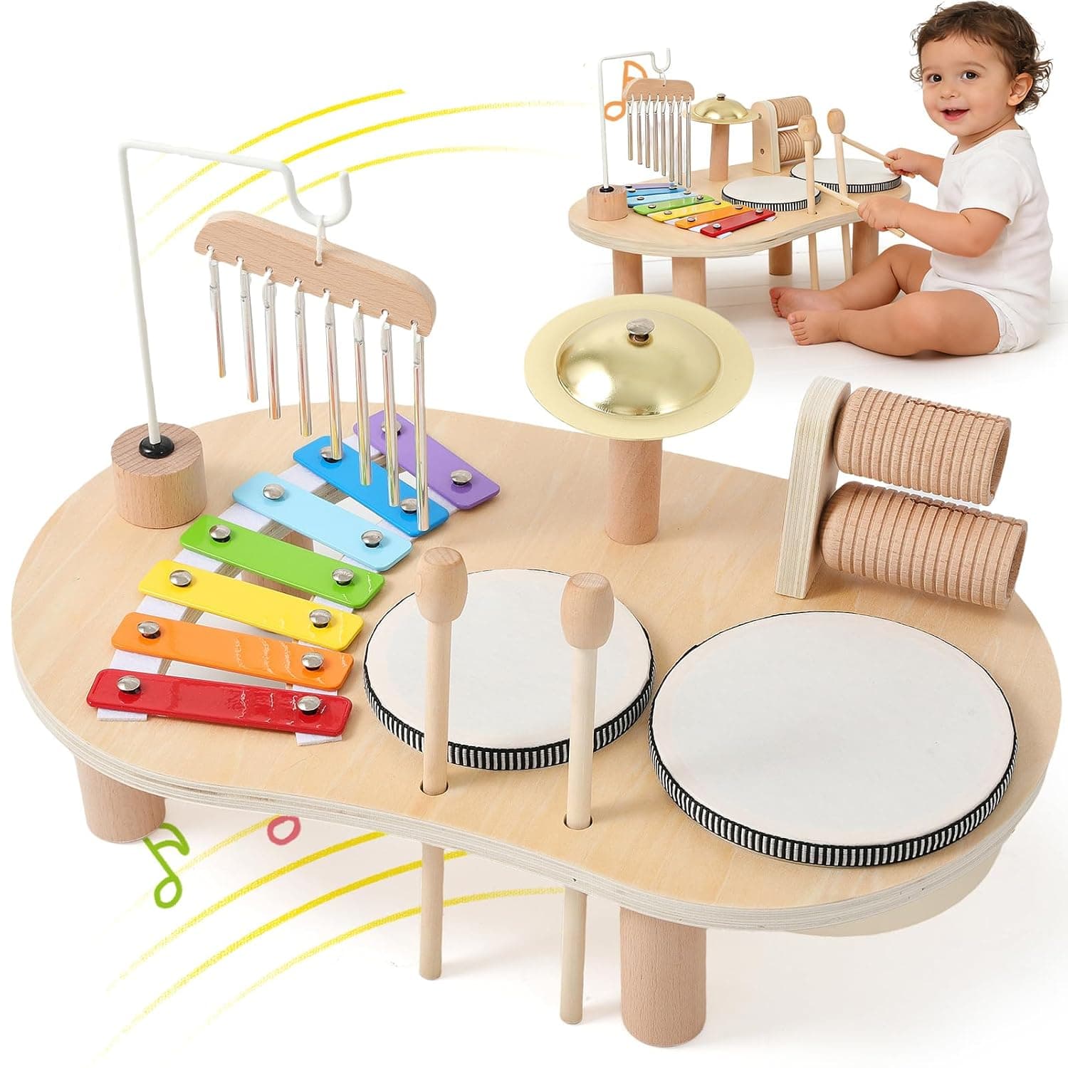 Andanna Wooden Music Station, Montessori Musical Instruments for Toddlers, Xylophone and Drum Set,Kids Drum Set for Toddlers Baby Music Instruments (7 IN 1)