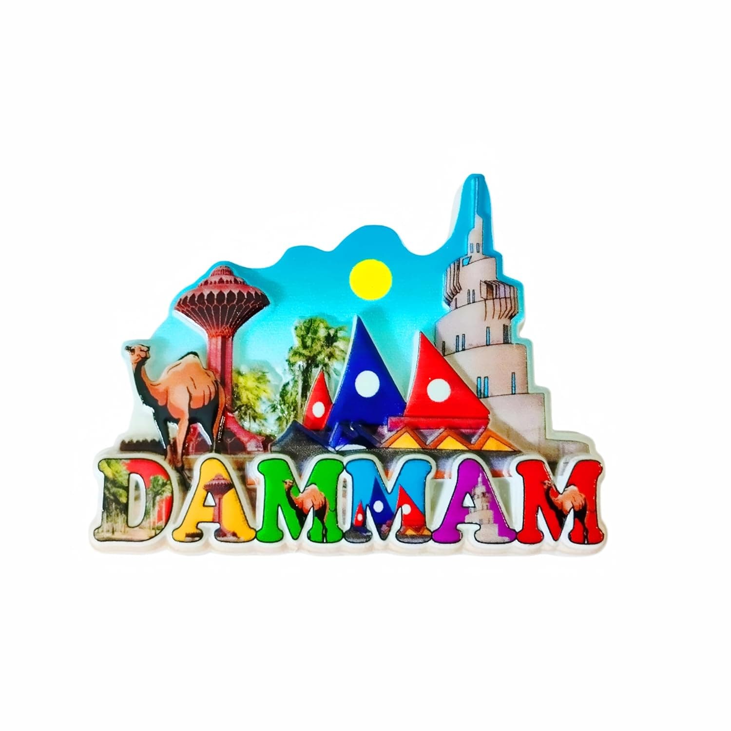 مغناطيس ثلاجة ثلاثي الابعاد من الدمام - تصميم معالم المملكة العربية السعودية الملونة مع أيقونات الجمل وبرج المياه والواجهة البحرية، مغناطيس ثلاجة مزخرف فاخر، هدية مثالية للسفر وتذكار لهواة الجمع