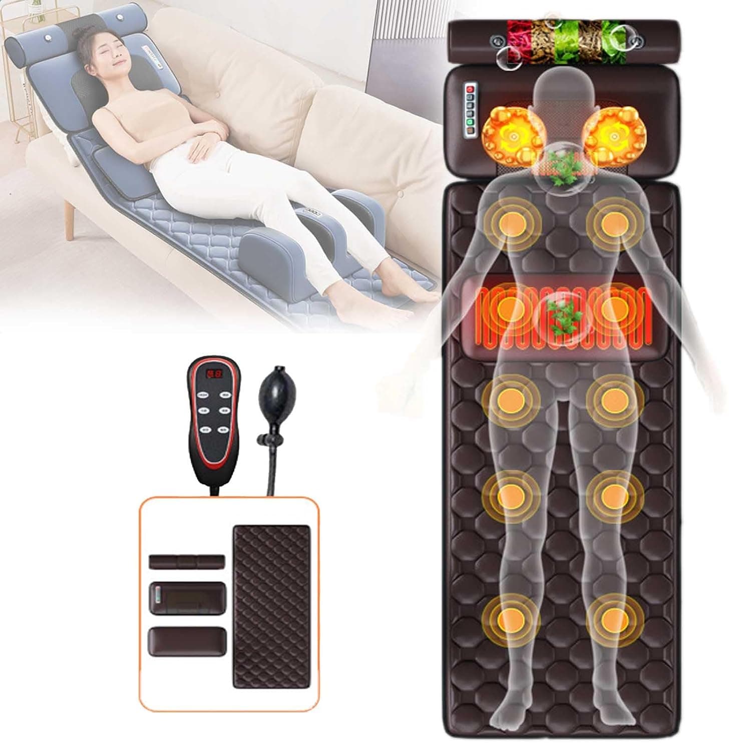 Memory Foam Vibrating Massage Mattress Pad Full Body Massager for Back Lumbar Leg Muscle Relaxation Full Body Massage Mat with Heat 10 Vibrating Nodes Foldable(Parent,Blue-f)