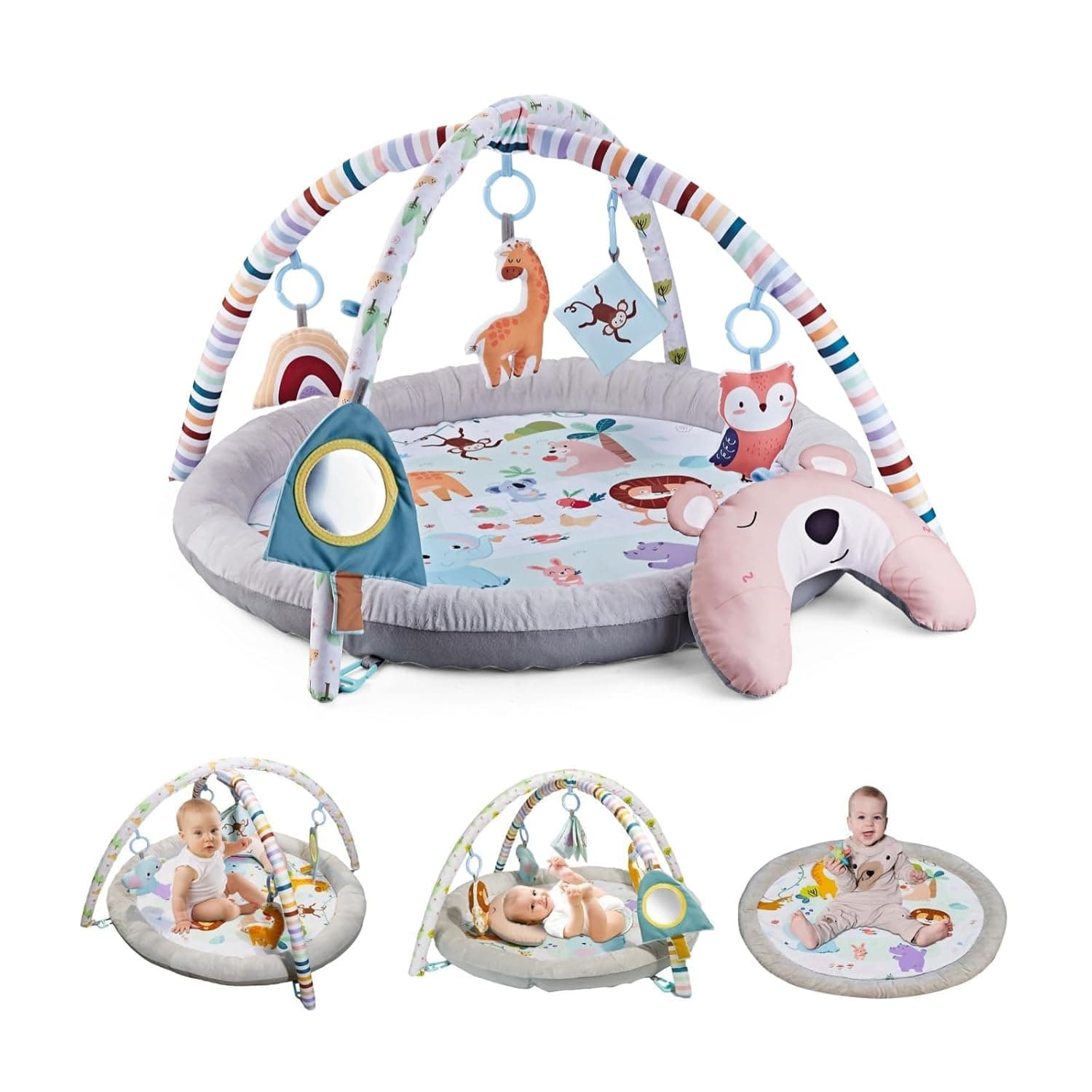 Baby Play Mat, Baby Play Gym, Plush Play Mat with 6 Toys and Moon Pillow,Foldable Detachable Zoo Design Baby Gym for Early Education Develop Motor&Cognition, Suitable for Babies Aged 0-18 Months