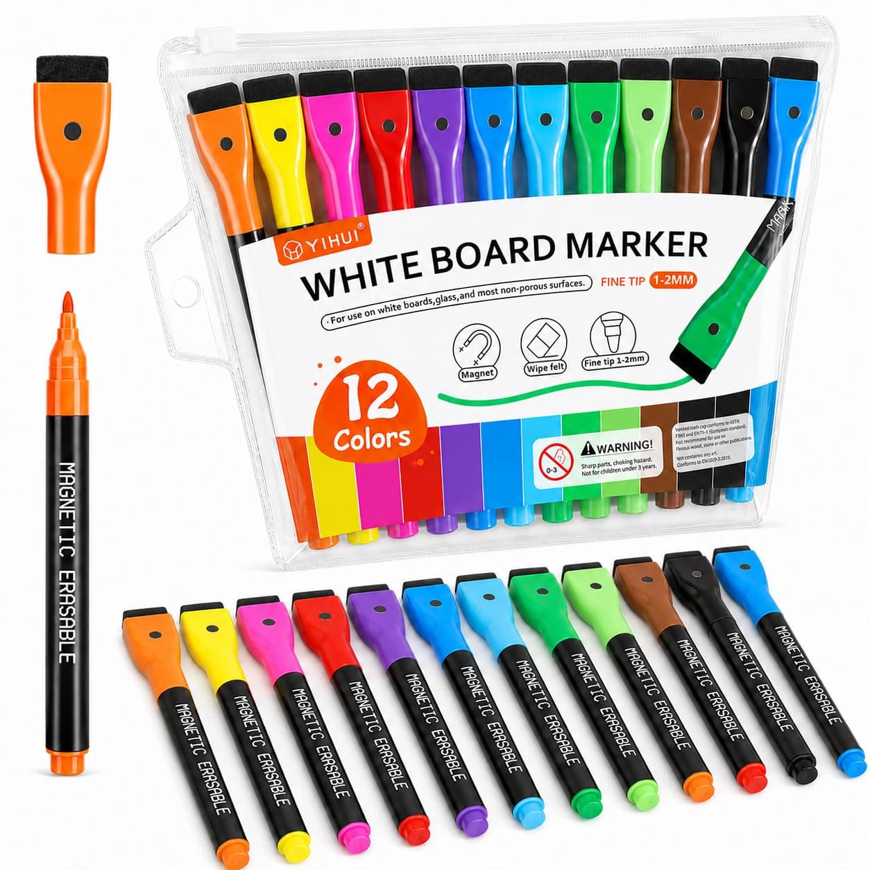 DHB tech Magnetic Dry Erase Markers,12 Count Magnetic Whiteboard Markers,Low Odor White Board Markers with Erasers for Kids Teacher Classroom Home,Used for Work on Board,Calendar,Glass, Mirror