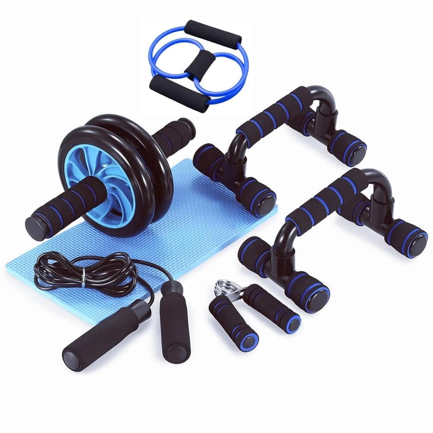 YelaJoy 7 PCS Ab Roller Set, Abdominal Exercise Wheel, Core Workout Fitness Kit with Jump Rope, Hand Grips, Blue Home Gym Training Equipment for Body Strength Conditioning