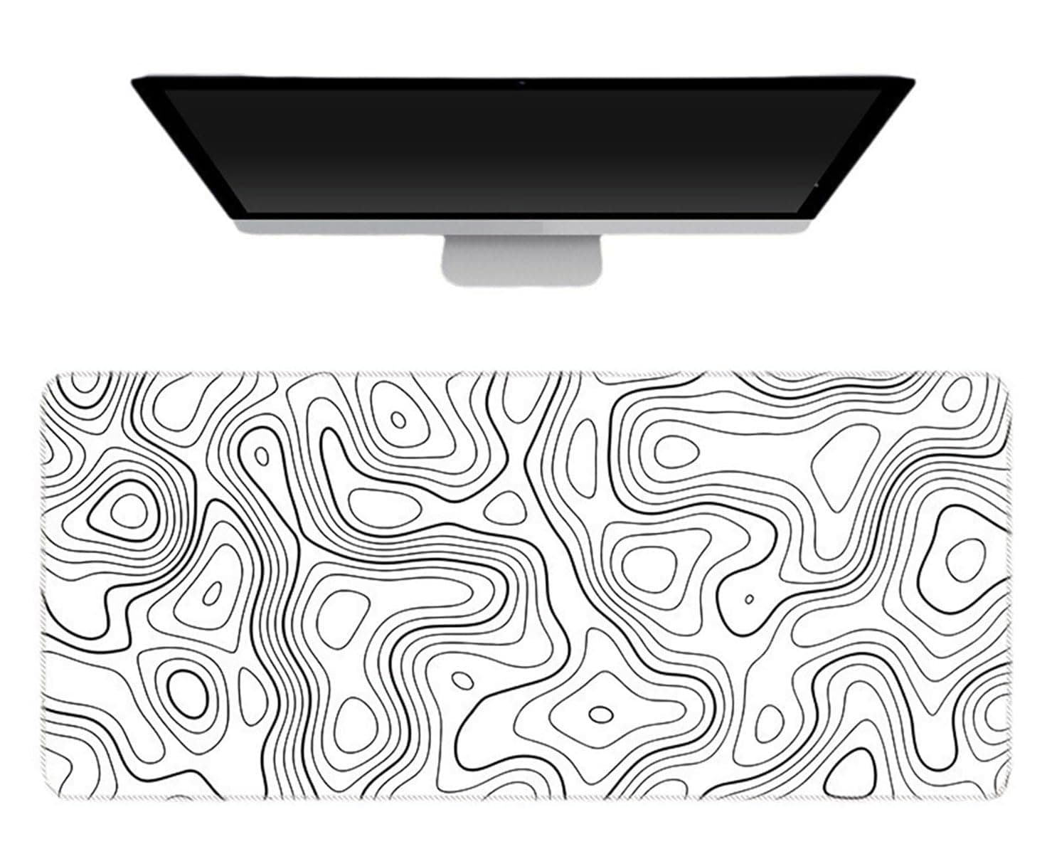 قاعدة ماوس للألعاب من اي سي في في، بحجم XL - قاعدة ماوس كبيرة 80 × 30 سم مع جزء خلفي من المطاط مقاوم للانزلاق للوحة المفاتيح والماوس، للمنزل والمكتب (لون أبيض مع خطوط خرائط طبوغرافية أسود)، البوليستر