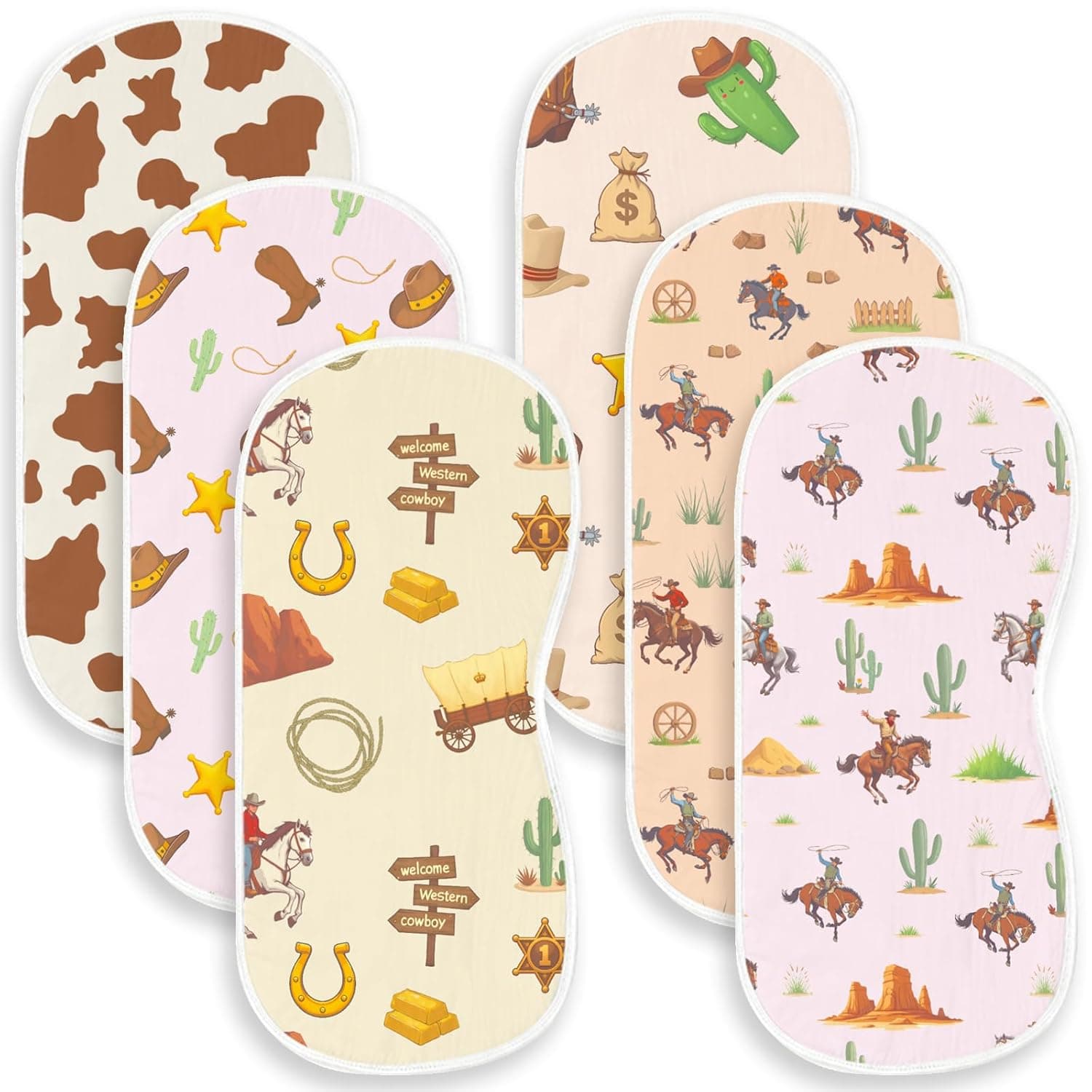 6 Pack Western Burp Cloths Baby Boys Girls with Cowboy Pattern, Large 100% Cotton Wild West Burp Rags for Newborns Essential Gifts Nursery Decor Extra Soft and Absorbent 9.8X19.6inches
