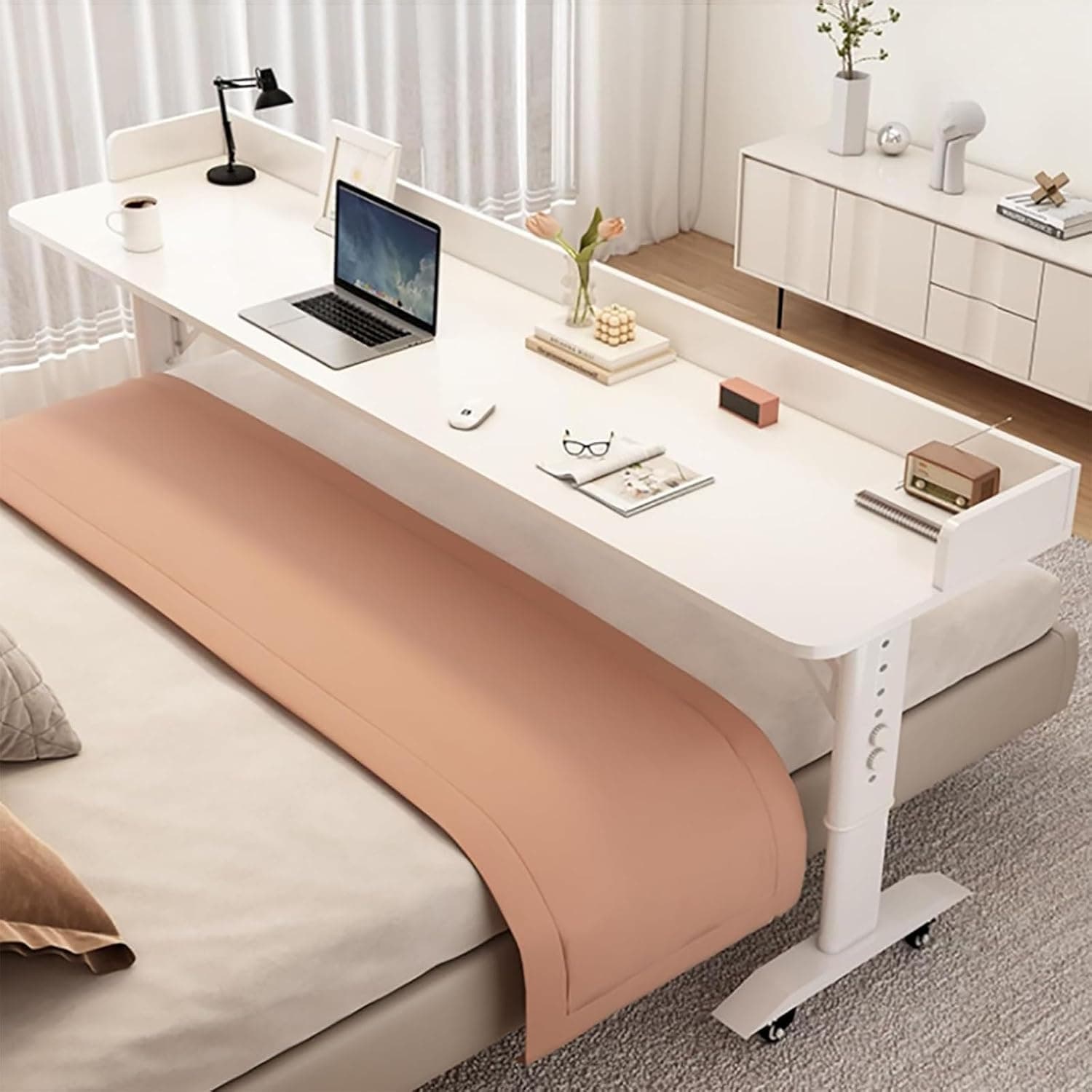 Over-Bed Tables, With Wheels Mobile Computer Table For Bed Overbed Table Adjustable Height Solid wood panel(D,120x50cm(47.2x19.7in))