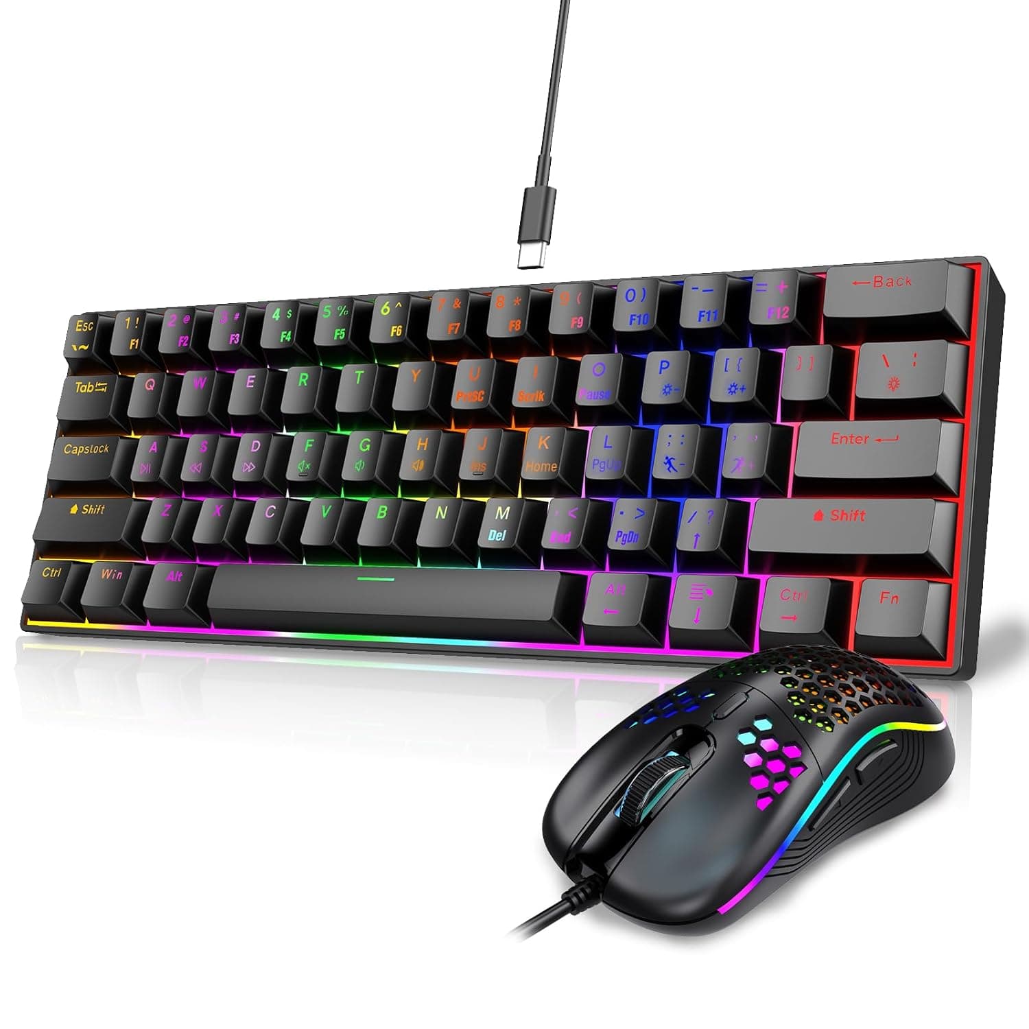 UCHUANG 60% Gaming Keyboard and Mouse Combo, Ultra-Compact 61-Key RGB Backlit Mini Keyboard, Lightweight 7200 DPI Honeycomb Optical Mouse, Wired Gaming Set for PC PS5 Xbox Gamer(Black,Blue Switches)