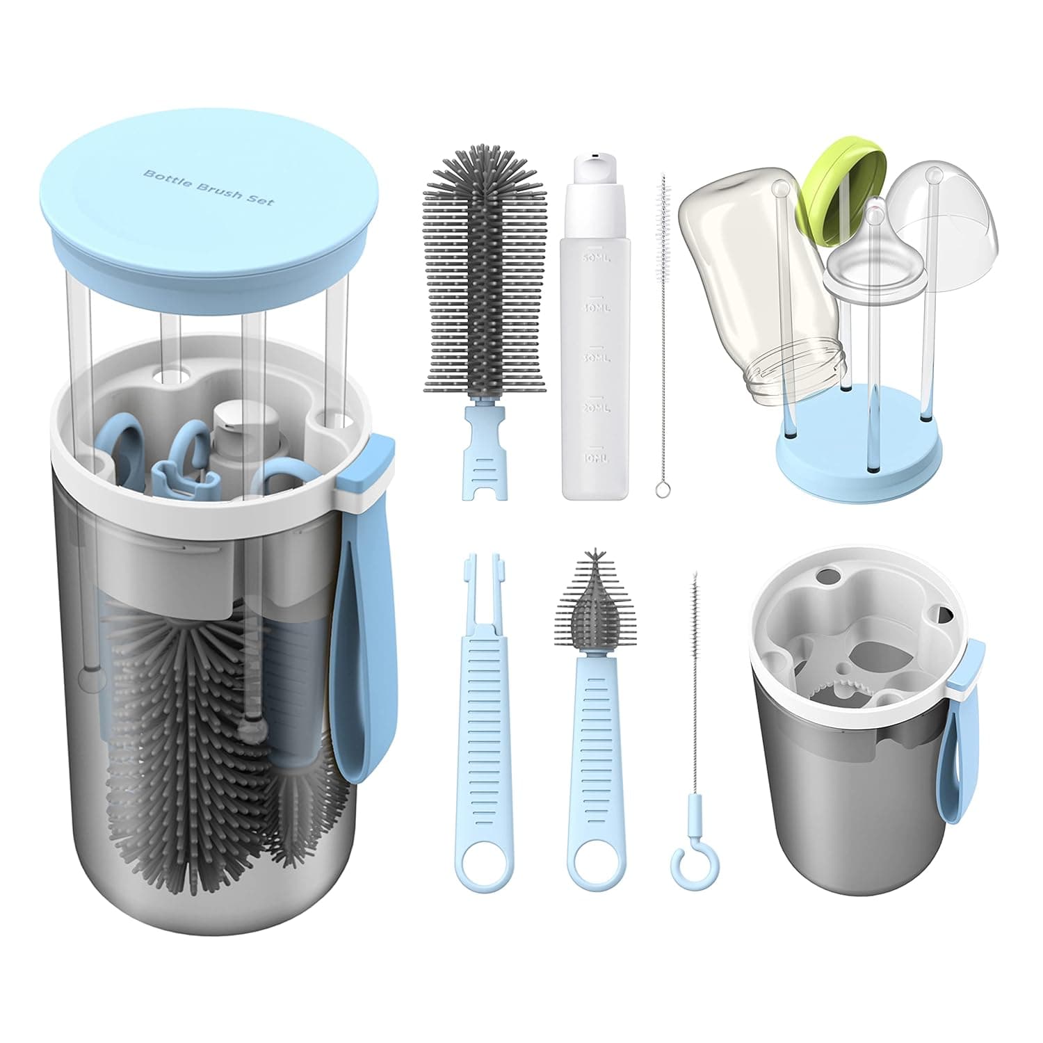 Baby Travel Essential Bottle Cleaner Kit with Silicone Bottle Brush，Built-in Snap-on Drying Rack，Silicone Nipple-Shaped Brush，2 Straw Brushes，Bottle Soap Dispenser，Bottle Warmer Bowl.(Blue)