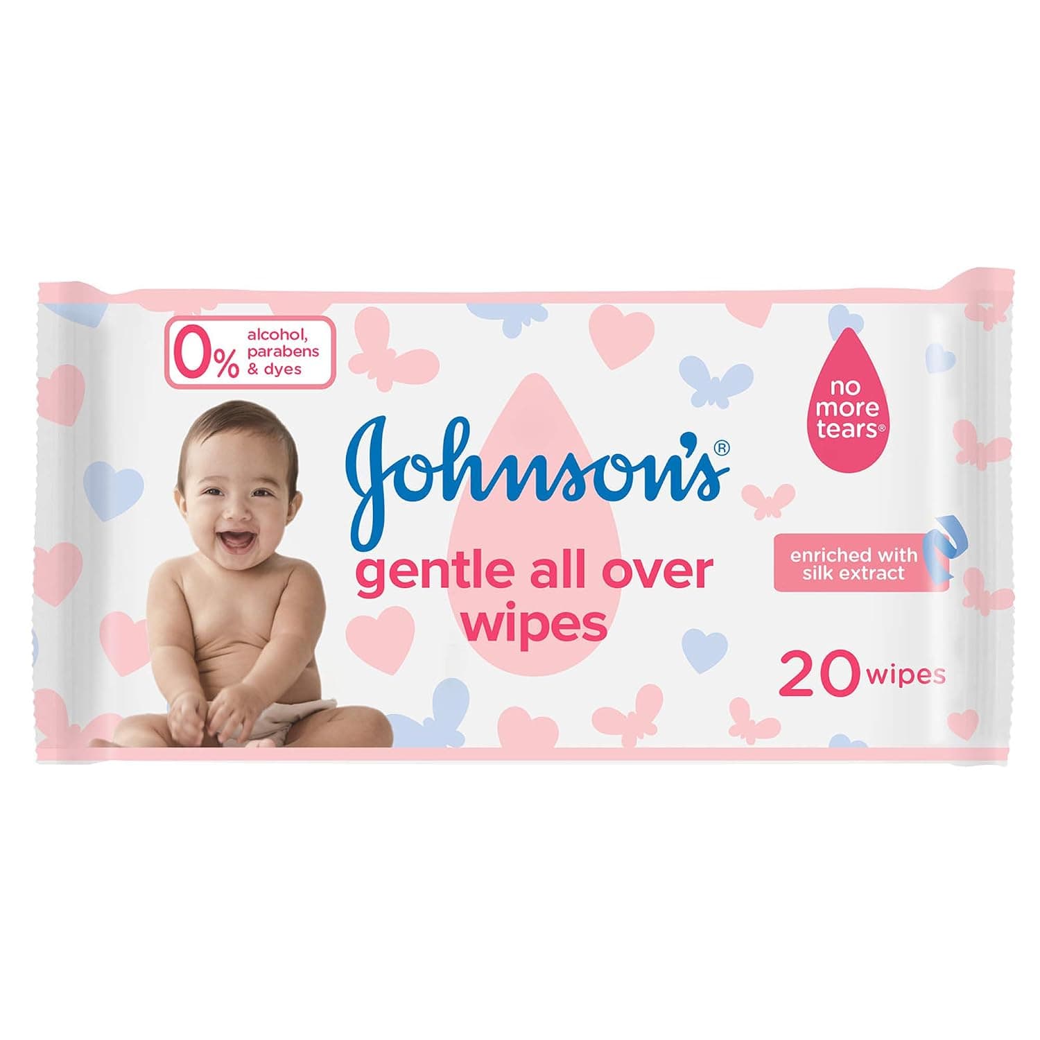 Johnson's Gentle All Over Baby Wipes, No More Tears, Enriched with Silk Extract, Alcohol, Paraben and Dye Free, Hypoallergenic, pH Balanced, Pack of 20