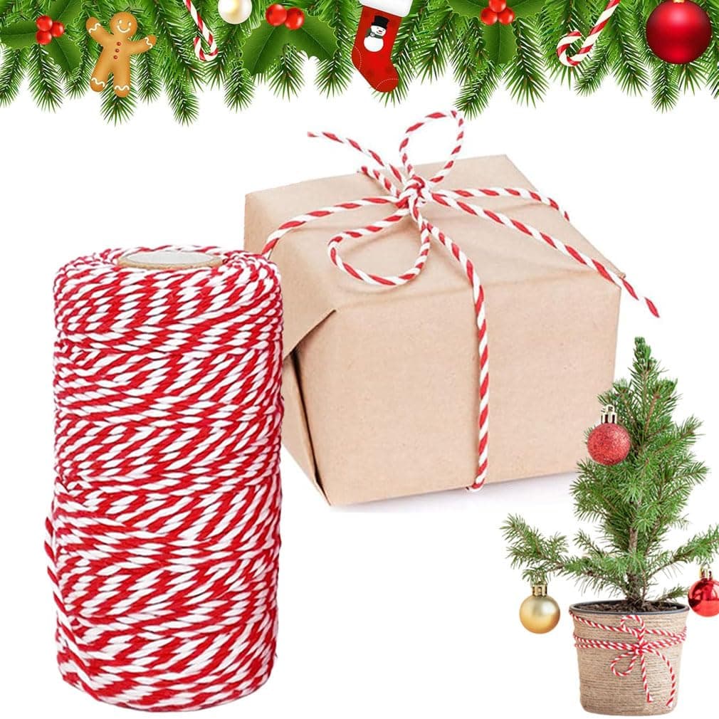 Goodern Christmas Bakers Twine,328Ft/100M Christmas Gift Wrapping Cotton Twine Durable Xmas Decoration Packing String Christmas Festive Ribbon for Wrapping,DIY Crafts,Baking,Tags Ornaments-Red & White
