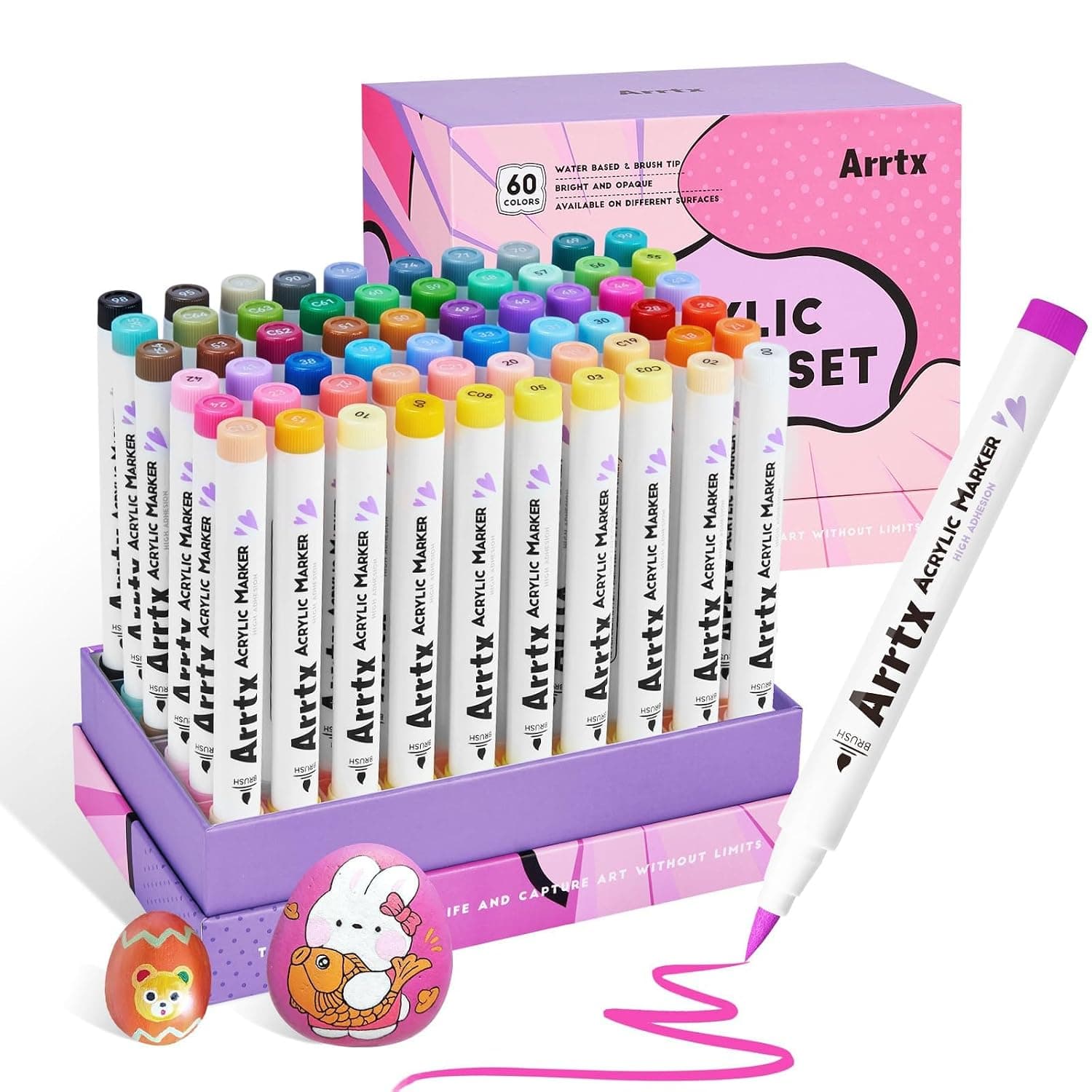 Arrtx Paint Markers 60 Colors, Acrylic Pens for Artists Adults Coloring Drawing Cartoon Anime Comic - Brush Tip for Rock Painting, Wood, Canvas, DIY Crafts Making Art Supplies