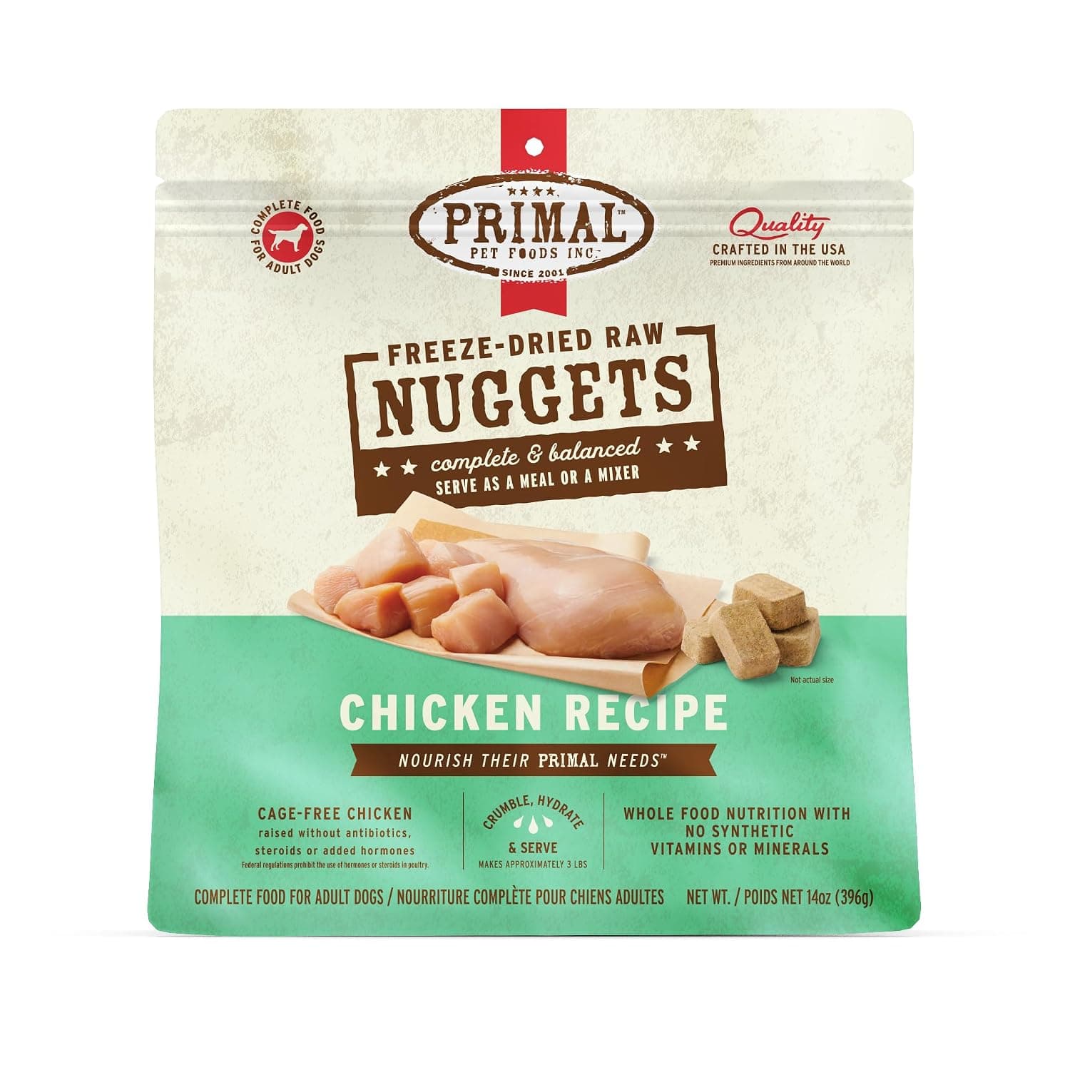 Primal Freeze Dried Dog Food Nuggets, Chicken; Complete Balanced Meal, Topper or Treat; Premium, Healthy, Grain Free, High Protein Raw Dog Food, 14 oz