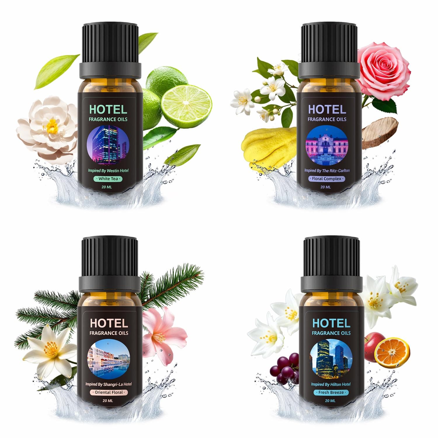 4 x 20 ml premium fragrance oils with hotel fragrance: white tea, floral complex, oriental complex and fresh breeze for ultrasonic and dry diffusers and for making yourself