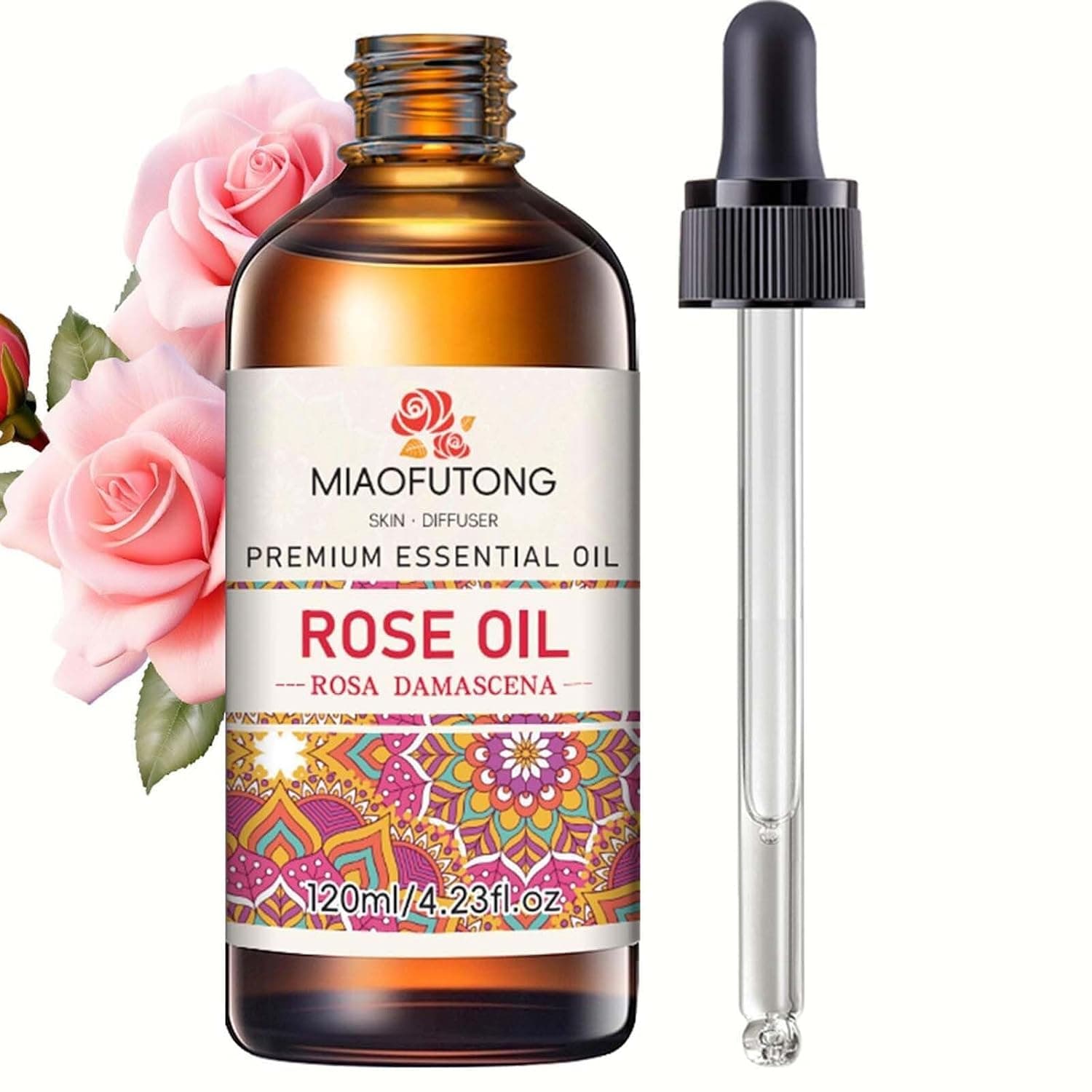 ALMEKAQUZ 120Ml Rose Essential Oil, Organic Rose Oil for Face, Hair, Nails, Body, Skin Care, Aromatherapy DIY, Diffuser, SPA Cleaning Massage, Aroma, Bath, Perfume Gift