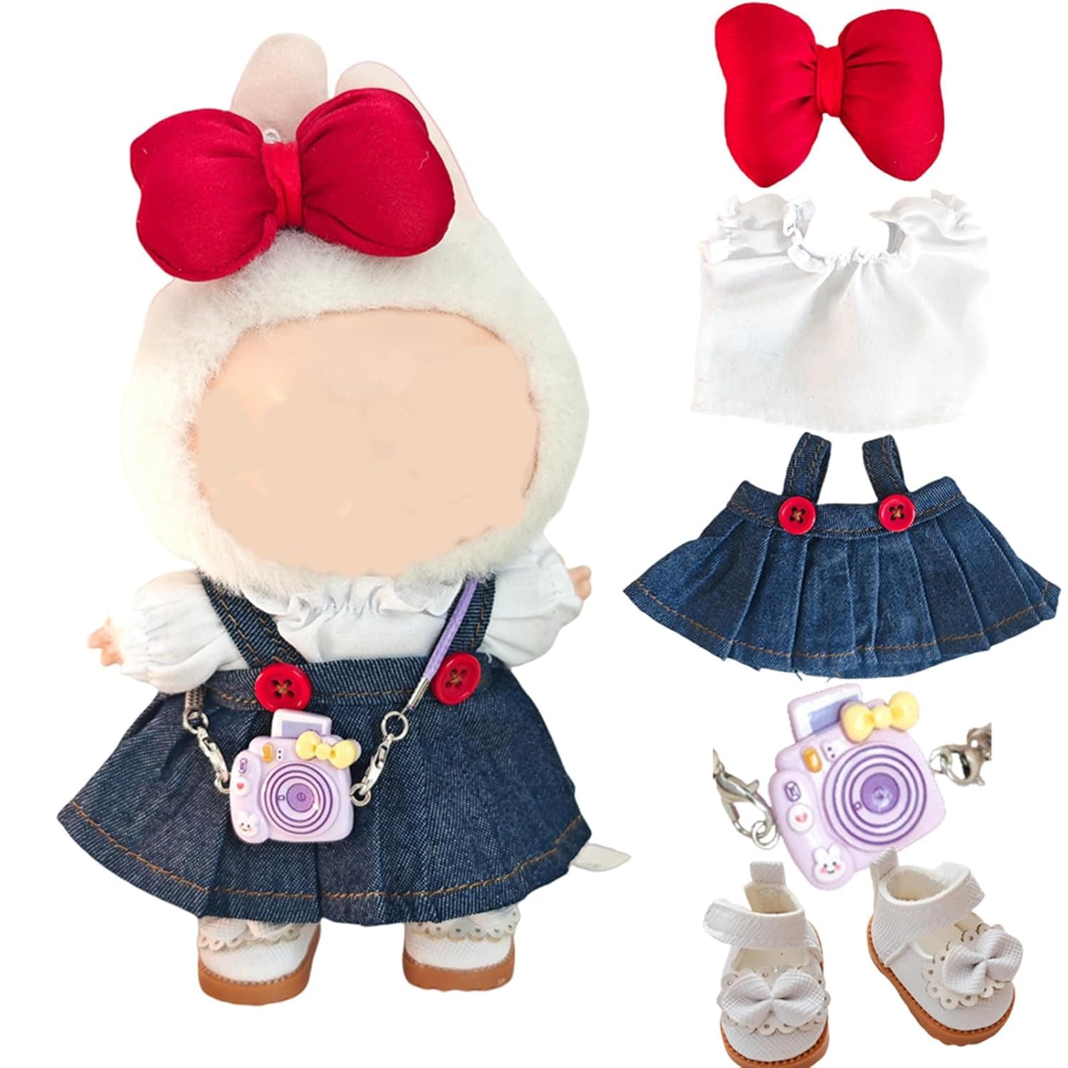 Clothes for Labubu, Toys Accessories Set(No doll), Including Clothes, Hats, Pants,Shoes, Glasses,Hairpins, Cameras, Doll Accessories (5-piece red set)