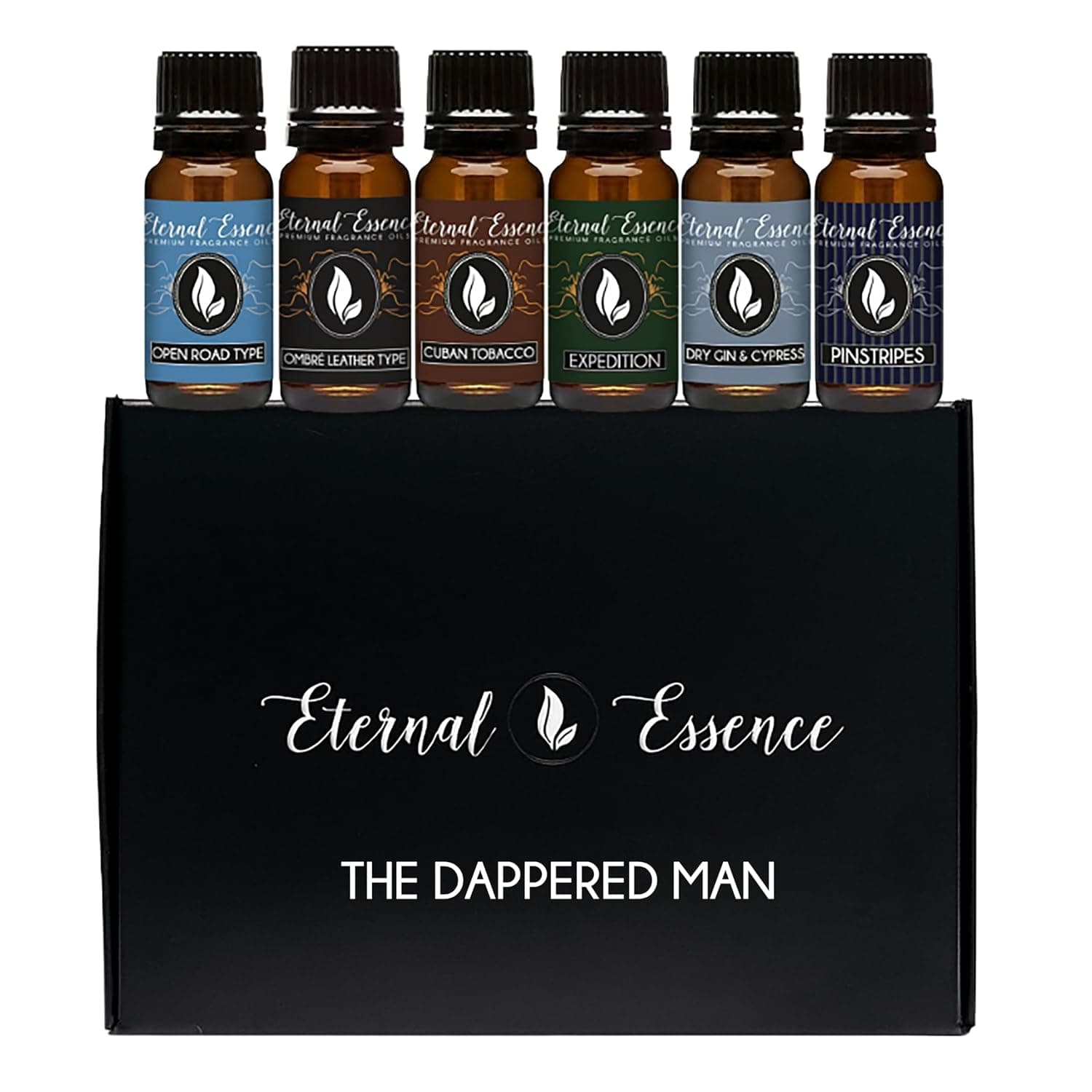 Eternal Essence Oils Dappered Man/Gentlemen Set of 6 Premium Fragrance Oils - Includes Cuban Tobacco, Dry Gin & Tonic, Expedition, Ombré Leather Type, Open Road Type, & Pinstripes Scented Oils - 10ML