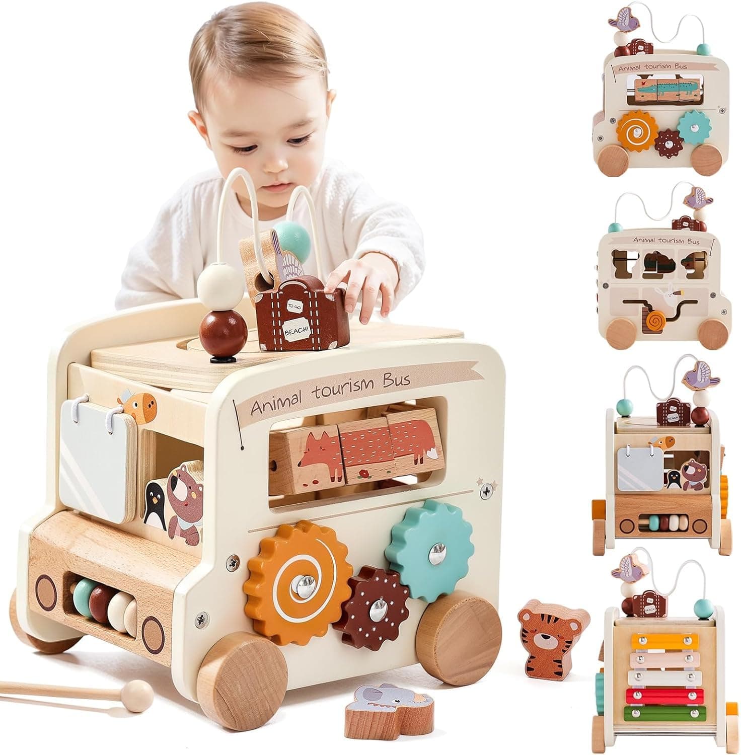 Wooden Activity Cube, 8-in-1 Montessori Toys with Animal Tourism Bus Theme, Multifunctional Early Educational Learning Toys Montessori Toys for Boys Girl oddlers Kids Birthday Gift (Beige)