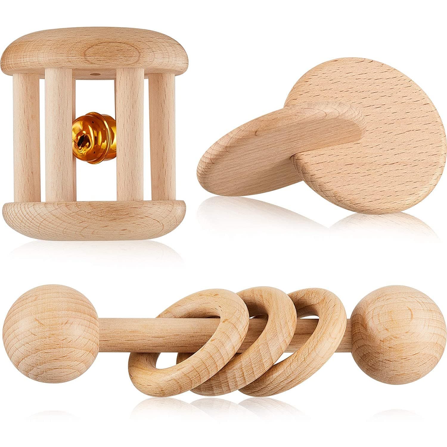 Wooden Toys, Rattle Wood Bells Rattles Beech Wooden Interlocking Discs Toys Wood Teether Kid Toys, for Boys and Girls£¨3 Pieces £©
