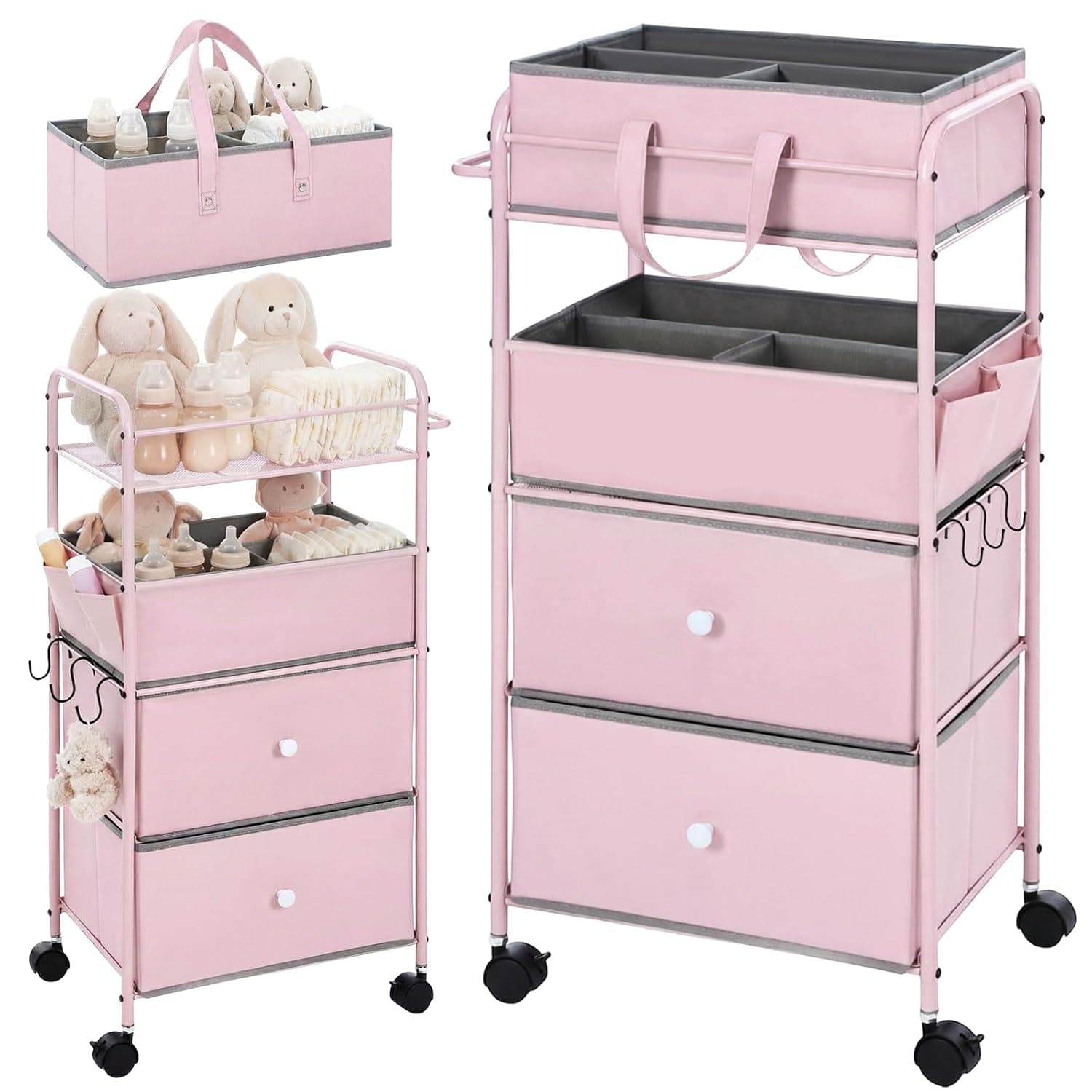 FoldTier 3In1 Baby Diaper Caddy Organizer Cart 4 Tier Large Capacity Metal Utility Bedside Rolling Cart with Divider Newborn Registry Nursery Essential Must Have Bedroom Gift Baby Shower(Pink)