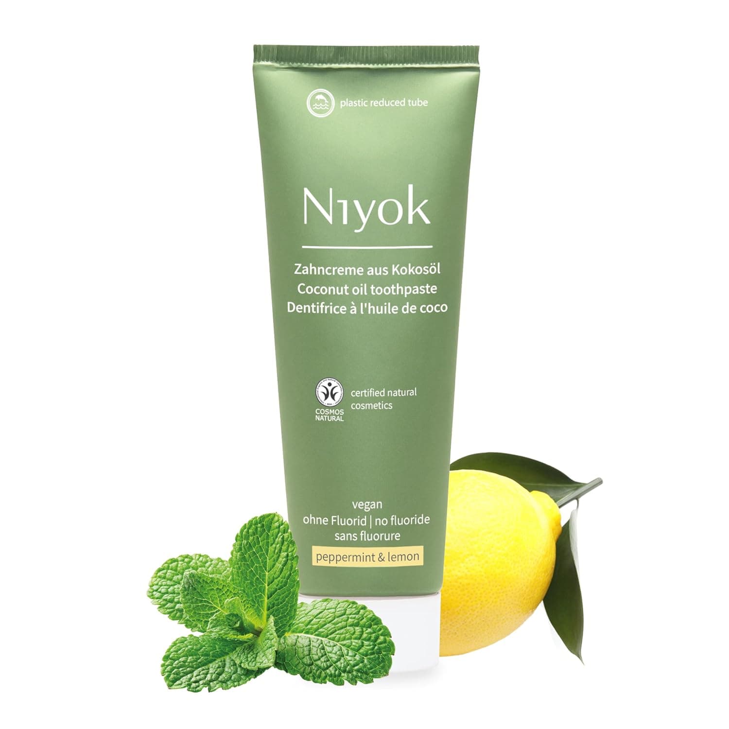 Niyok Toothpaste Peppermint & Lemon 75 ml | Fluoride-free toothpaste with organic coconut oil, xylitol and chalk for daily dental care with peppermint and lemon flavour