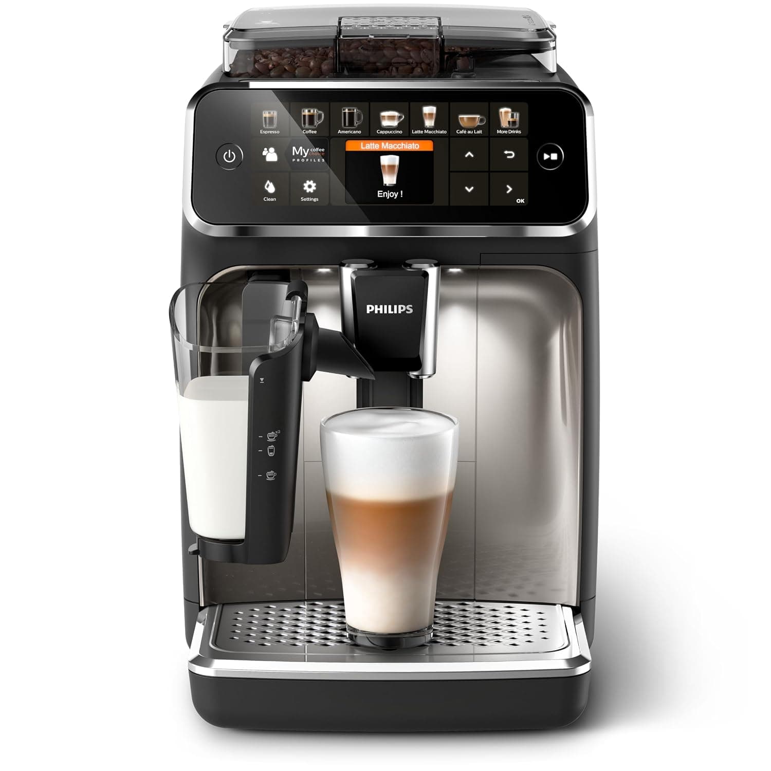 Philips Fully Automatic Coffee Machine Series 5400-12 Beverages, LatteGo Milk Solution, 4 User Profiles, TFT Display, Chrome - EP5447/23