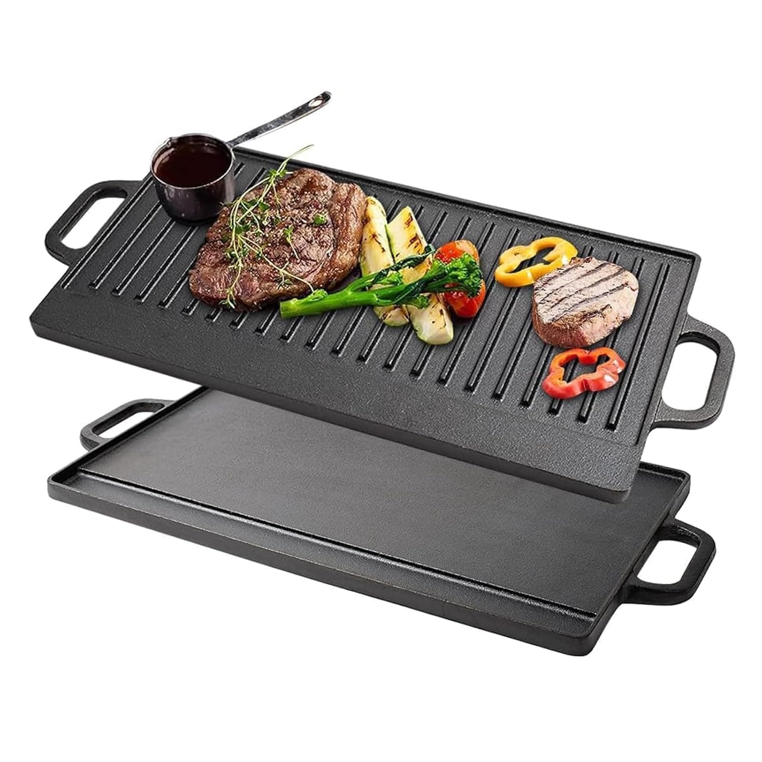2-in-1 Cast Iron Grill & Griddle, Rectangular Reversible Grill Pan Plate Double Sided Baking Tray with Handles for Oven Gas Hob, Campfire, Double Burner Stove Top Skillet Indoor Outdoor Picnic