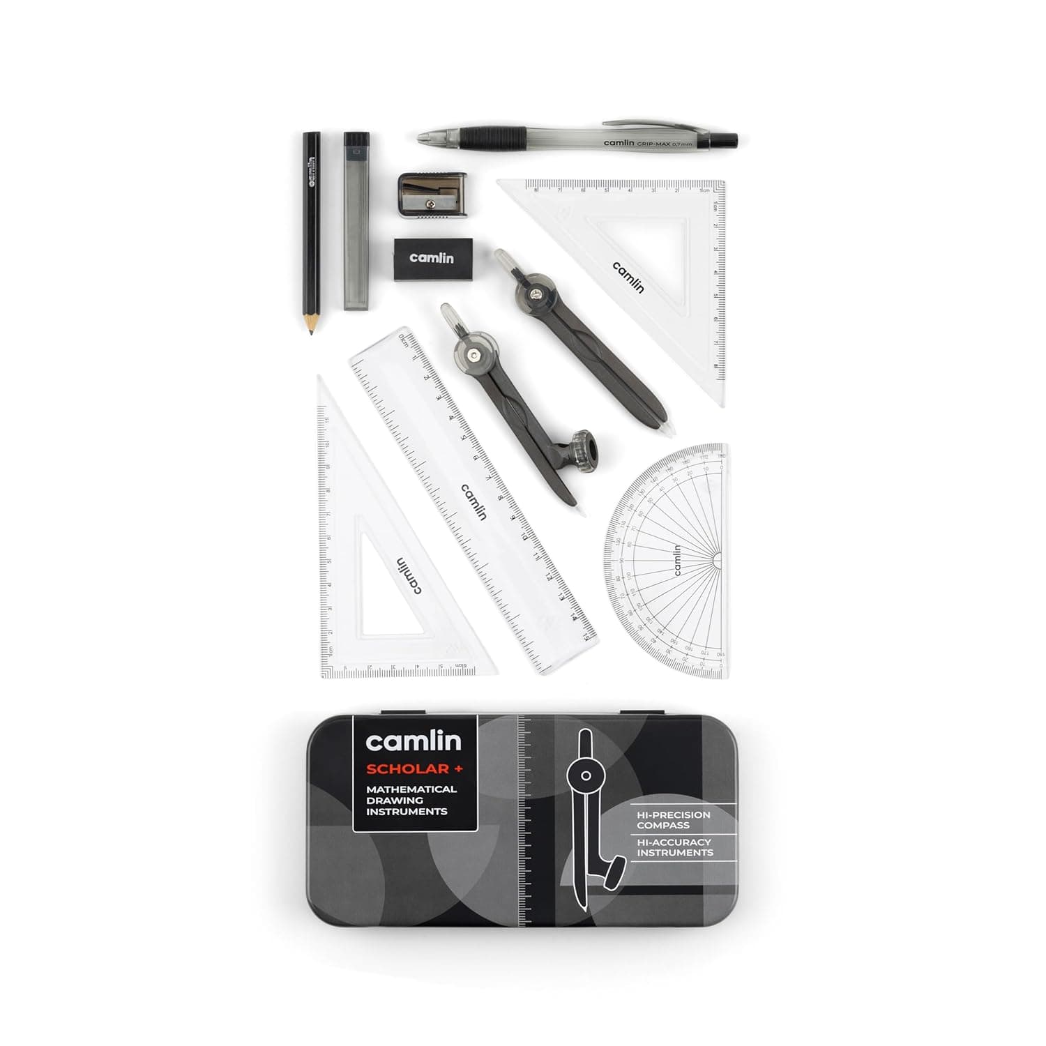 Camlin Mathematical Drawing Instruments Scholar (4899168): Compass, Protractor, Set Squares, Divider, Pencil, Eraser, Sharpener, Scale, 0.7 mm Mechanical Pencil & Lead.