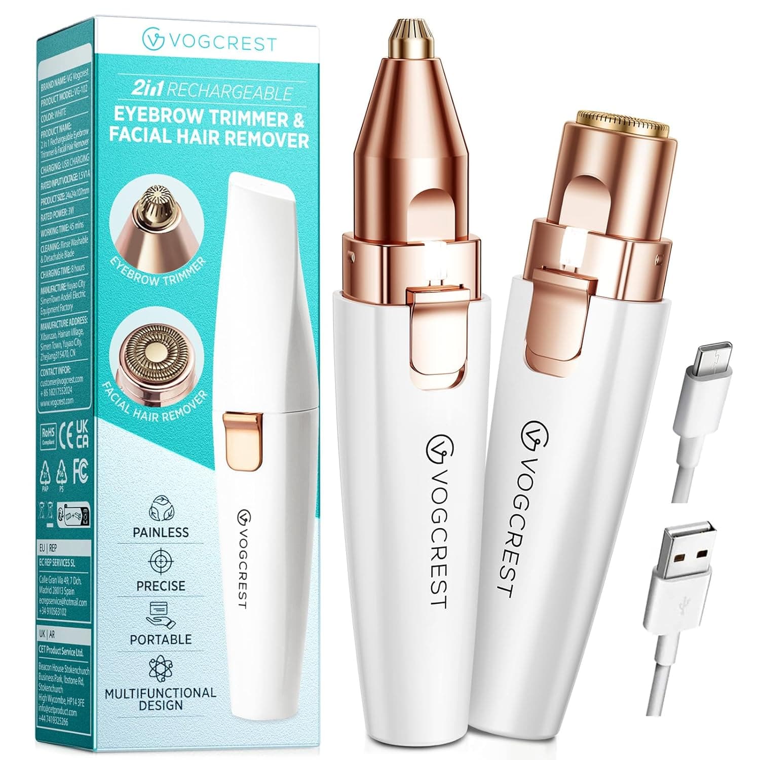 Rechargeable Eyebrow Trimmer & Facial Hair Remover for Women, 2 in 1 Eyebrow Razor and Painless Hair Remover, Eyebrow Lips Body Facial Hair Removal for Women with Built-in LED Light (White)