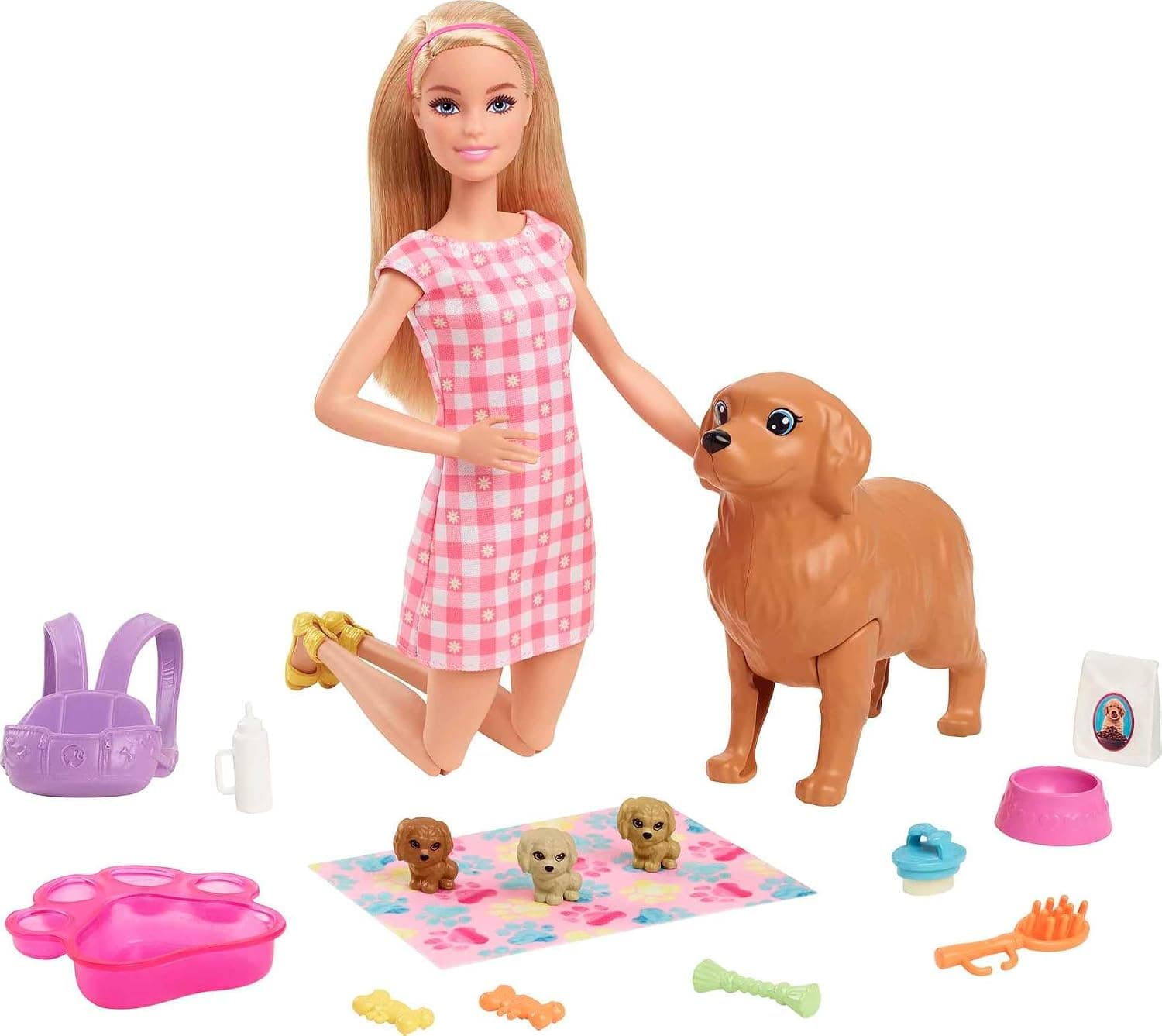 Barbie® Doll Newborn Pups Playset with Blonde Doll, Mommy Dog and 3 Puppies, Kids Toys