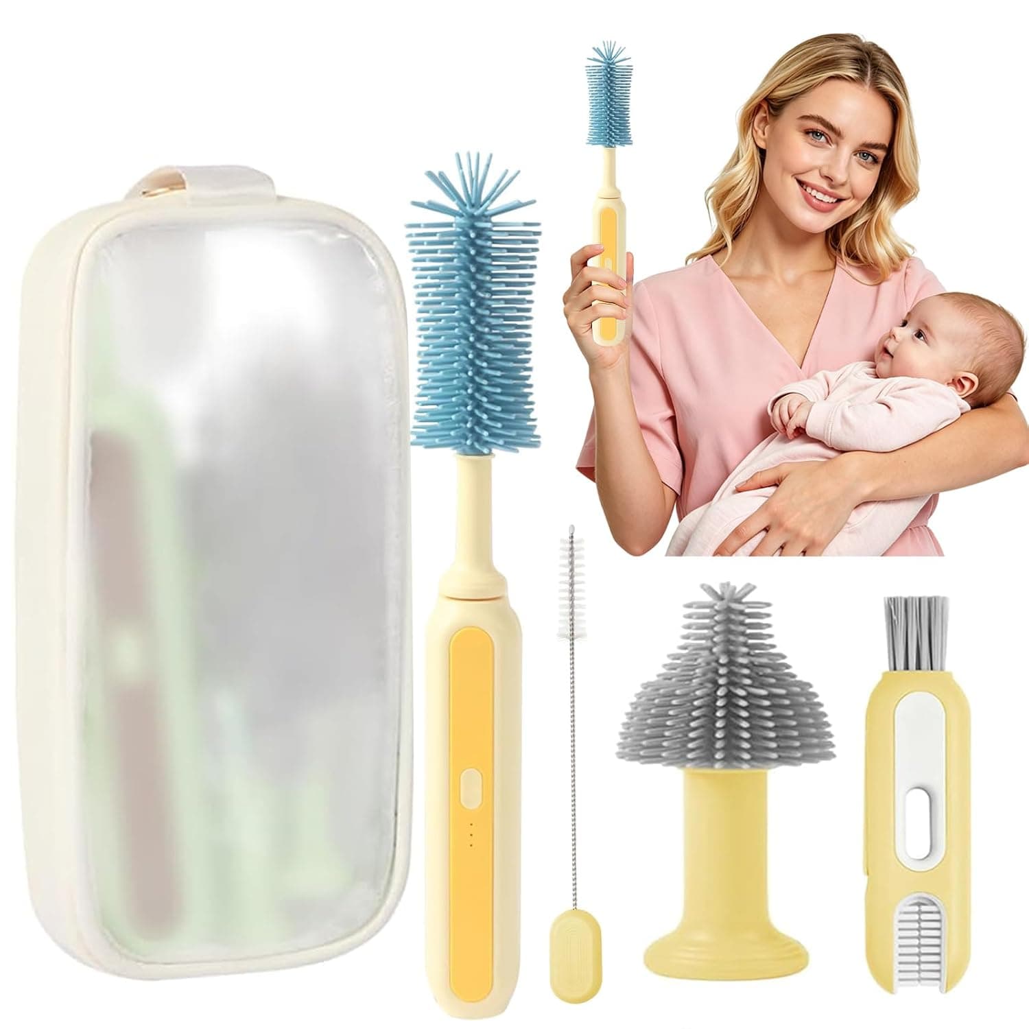 Electric Baby Bottle Brush Cleaner, 5-in-1 Travel Kit with Storage Bag, Food-Grade Silicone, Long Battery Life, Portable Baby Bottle Cleaner Brush Set, Ideal Gift for Parents & Babies (Yellow)