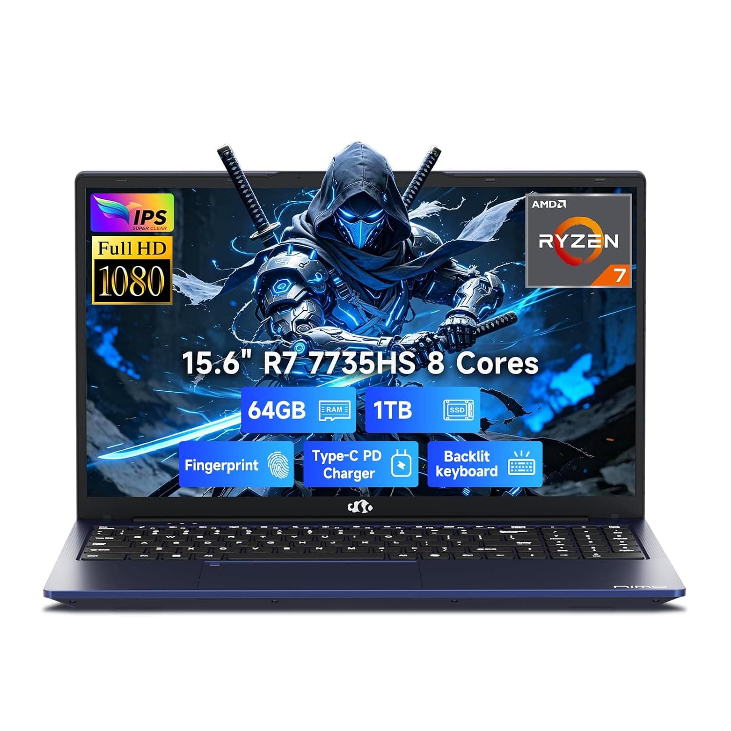 NIMO 15.6" FHD Gaming-Laptop, Ryzen 7 7735HS 64GB DDR5 RAM 1TB SSD((8C/16T,Beat i7-12650H), Radeon 680M GPU for Content Creators Designers AI Tasks Streaming,100W Fast PD-Charging 2-Yr-Warranty