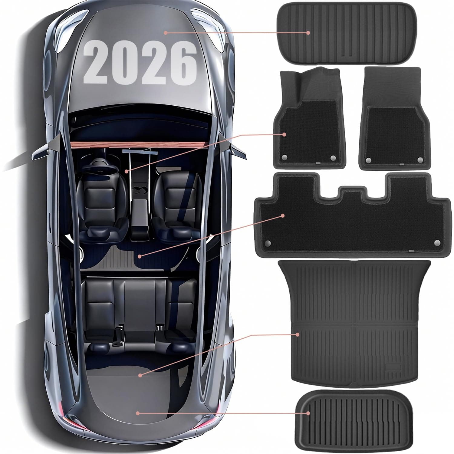 Floor Mats for 2025-2026 Tesla Model Y Juniper 9 PCS,TPE Waterproof Non-Slip Floor Mats with Felt Carpet,Frunk Trunk Mats Rear Cargo Liner Interior, For Tesla Model Y Accessories（Black）
