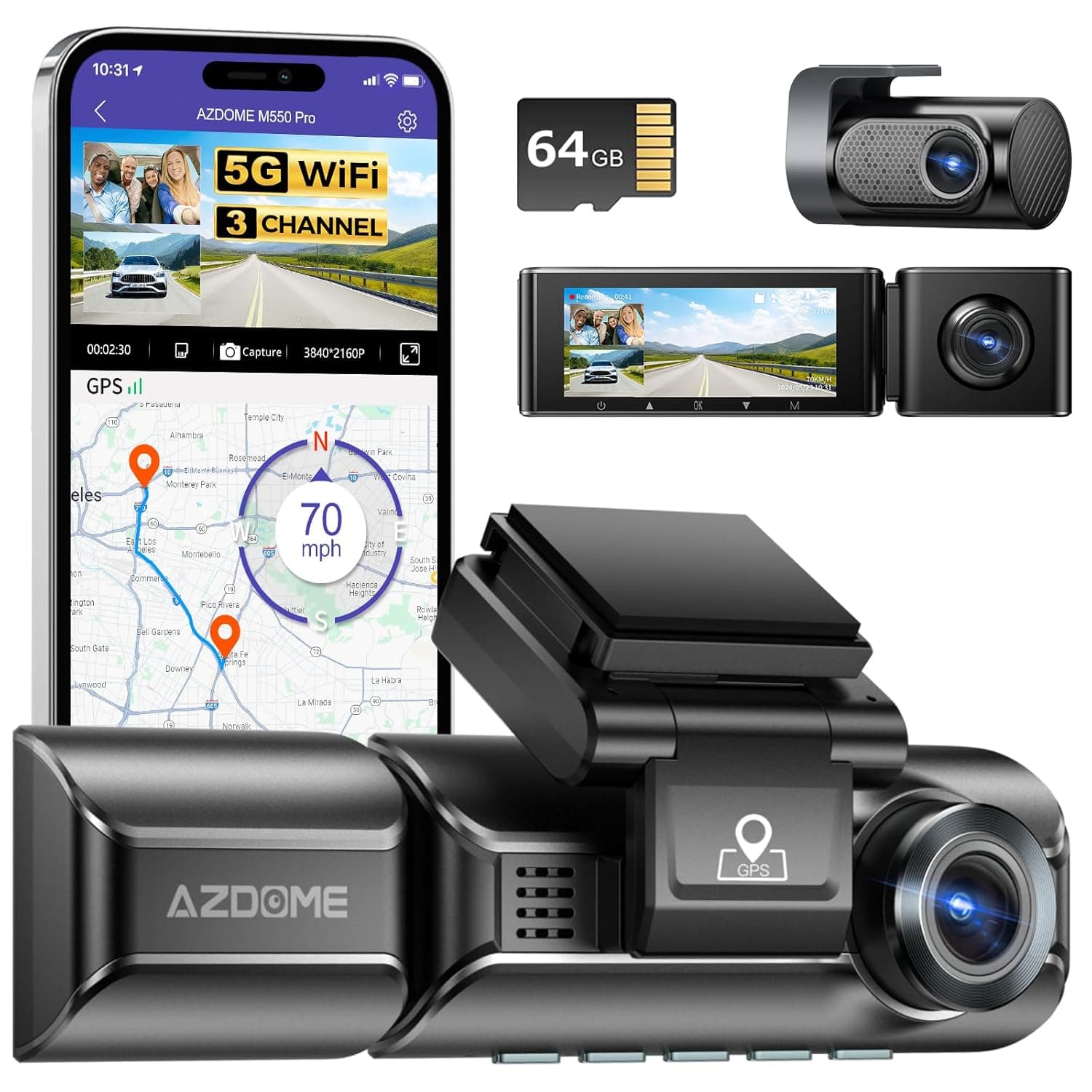 كاميرا AZDOME M550 Pro 5G WiFi بثلاث قنوات، GPS مدمج، 4K+1080P أمامية وخلفية، تدعم 512GB، شاشة 3.19" IPS، رؤية ليلية IR، ووضع مراقبة وقوف السيارات 24 ساعة.