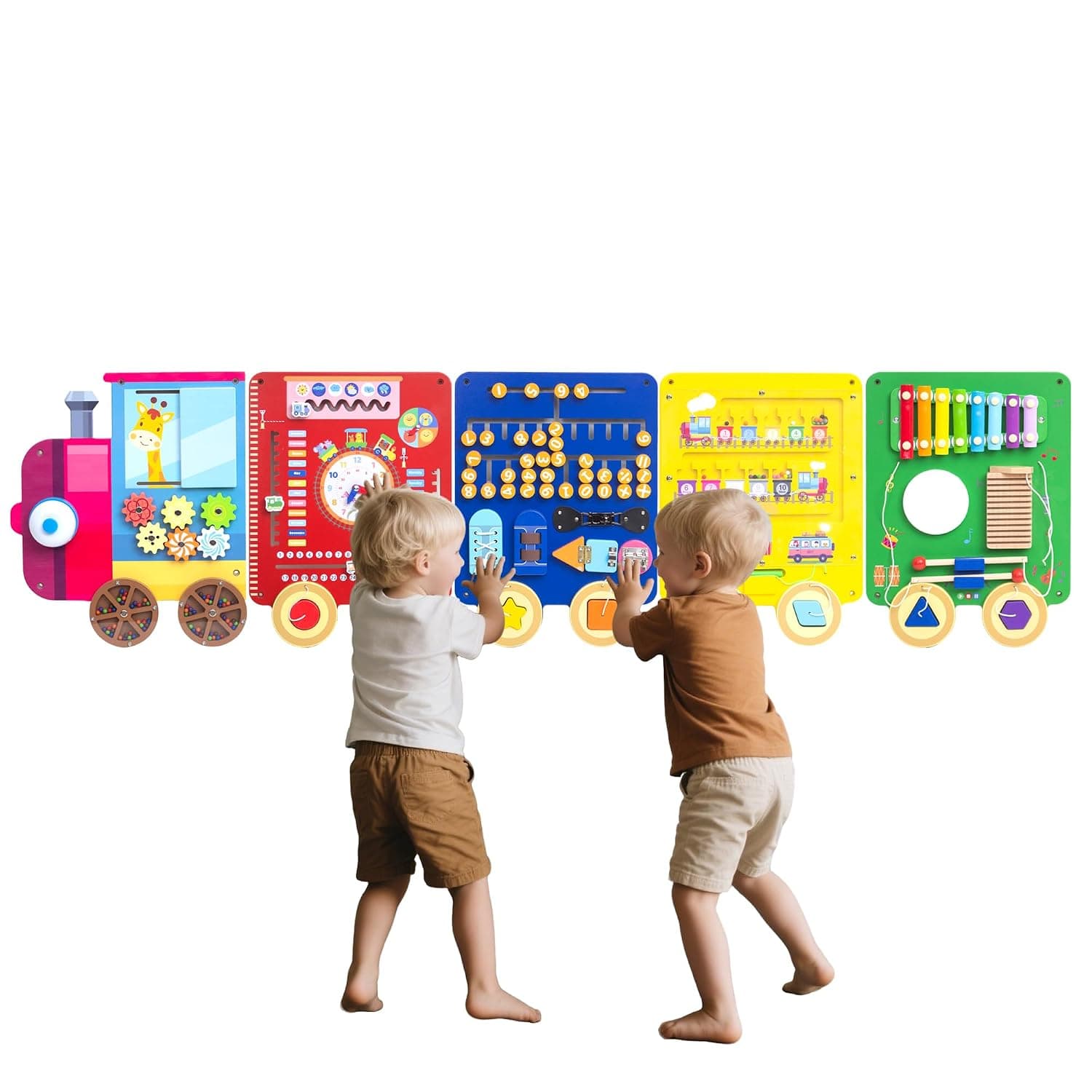Train Activity Wall Busy Board, Wooden Sensory Wall Panel for Kids | Montessori Sensory Wall Toys Panel, Learning Activity Center for Playroom, 3 Years Old and Over
