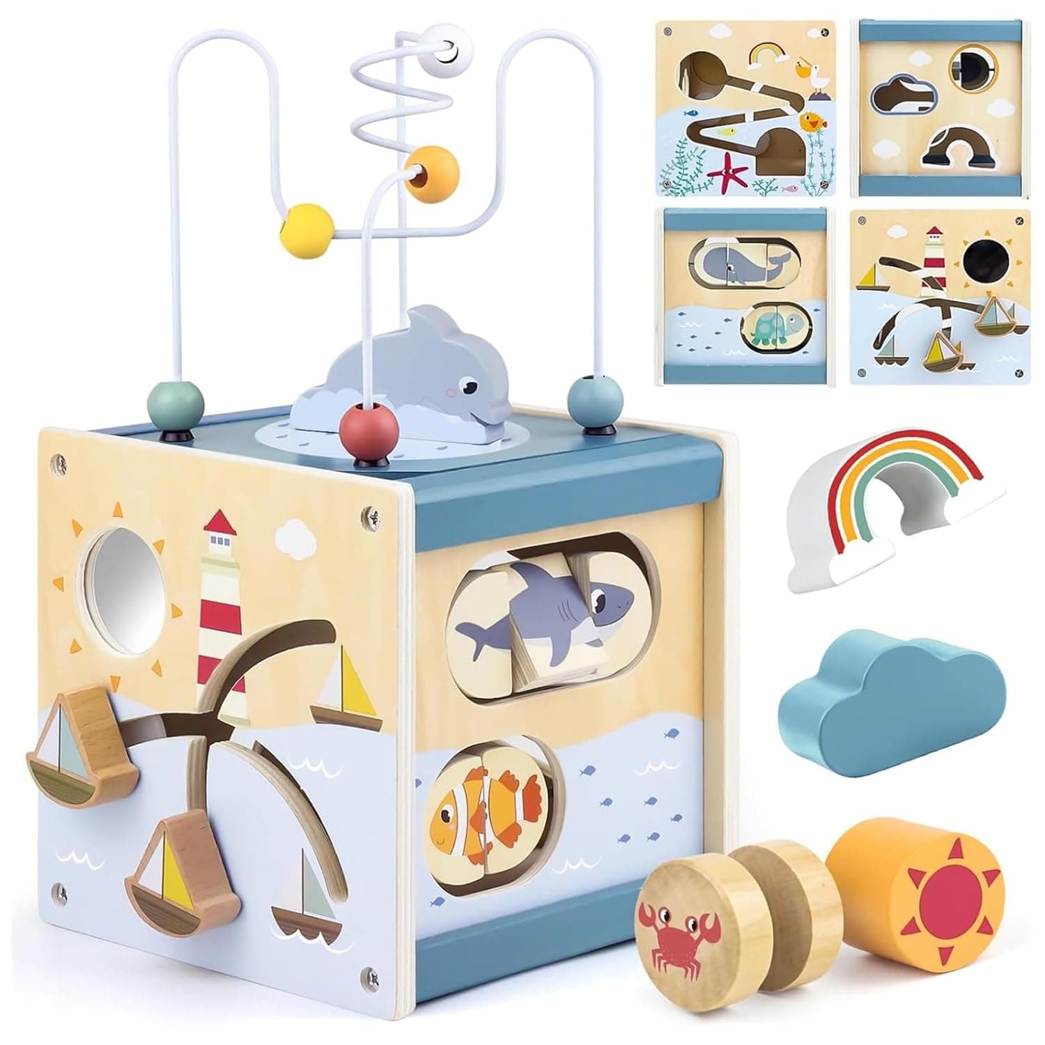 Andanna Wooden Activity Cube for Toddlers 3, in 1 Ocean Animal Shape Sorter Bead Maze Montessori Toys Baby,Baby Activity Cube Boys Girls Baby Sensory Interactive Birthday Gift