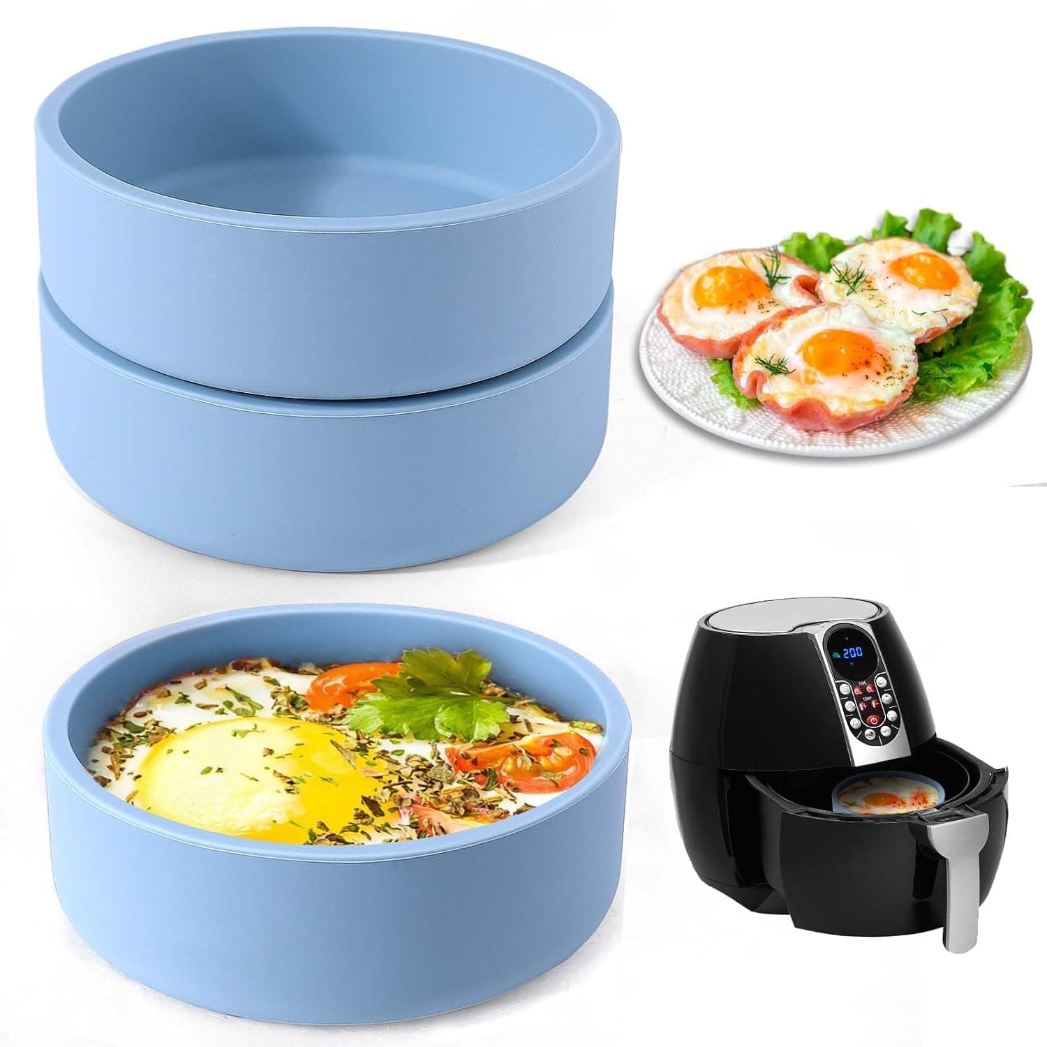 Bukela 3 Pack Silicone Egg Mold for Air Fryer - Reusable Non-Stick Egg Bites Mold with Lids, Versatile Air Fryer Egg Cooker for Sous Vide, Microwave & Dishwasher Safe, BPA Free Accessories, Blue
