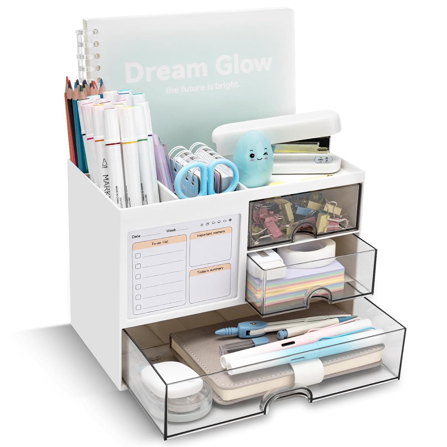 QIYVLOS Desk Organizer with 3 Drawer, Multi-Functional Pencil Pen Holder for Desk, Desk Organizers and Storage with 5 Compartments, Desktop Organizer for Office Home Art Supplies (White)