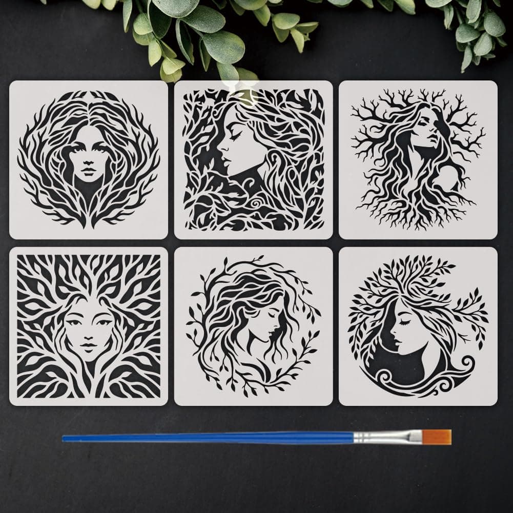FINGERINSPIRE 6 Pcs Tree Woman Painting Stencil with Paintbrush 20x20cm Reusable Branch Woman Portraits Painting Stencil Plastic PET Drawing Template for Home Wall Floor DIY Crafts