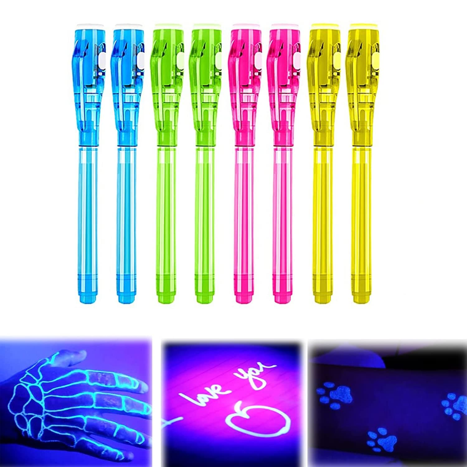 UV Pen, Invisible Ink Pen, 8Pcs Disappearing Ink Pen with UV Light, Magic Marker for Secret Message Kids Party Favors Ideas Gifts, Drawing Writing Pen Highlighter Funny Drawing Hidden Secret Pen
