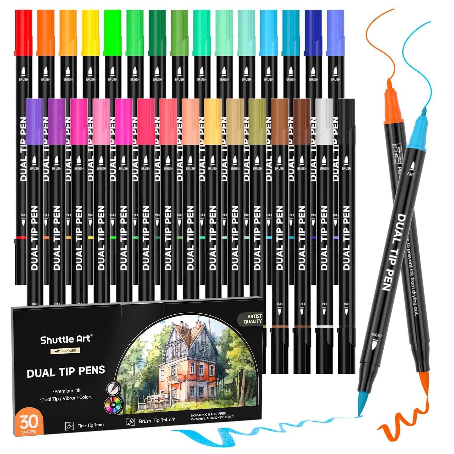 Shuttle Art Dual Tip Brush Marker Pens 30 Colors Water-based Ink | Double-ended with Fine Tip & Brush Tip, Great for Hand Lettering, Drawing, Bullet Journal and DIY Crafts for All Skill Levels