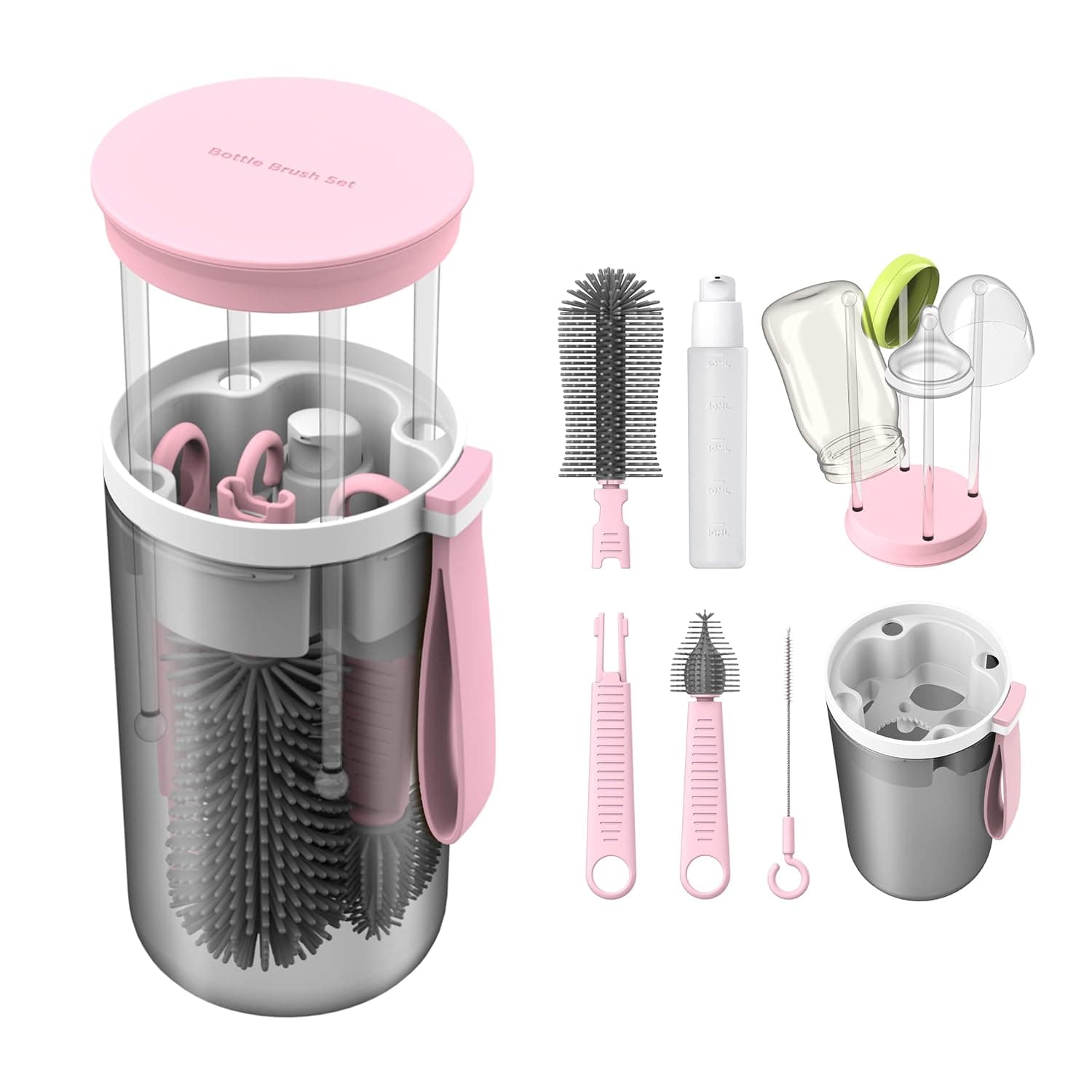 Travel Baby Bottle Brush Set with Extendable Liquid Silicone Bottle Brush， Brush，Built-in Bottle Drying Rack，Straw Cleaner Brush，Baby Bottle Soap Dispenser，Bottle Warmer (Pink)