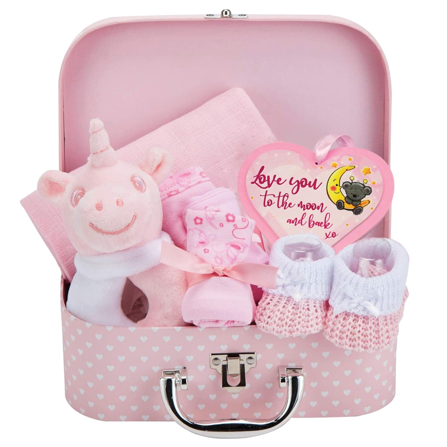 Baby Box Shop - 7 Newborn Baby Girl Gifts Ideal for Christening, Birthdays & Baby Shower Gifts - Includes Baby Essentials for Newborn Girl with Baby Rattle in Cute Keepsake Case, Baby Girl Hamper