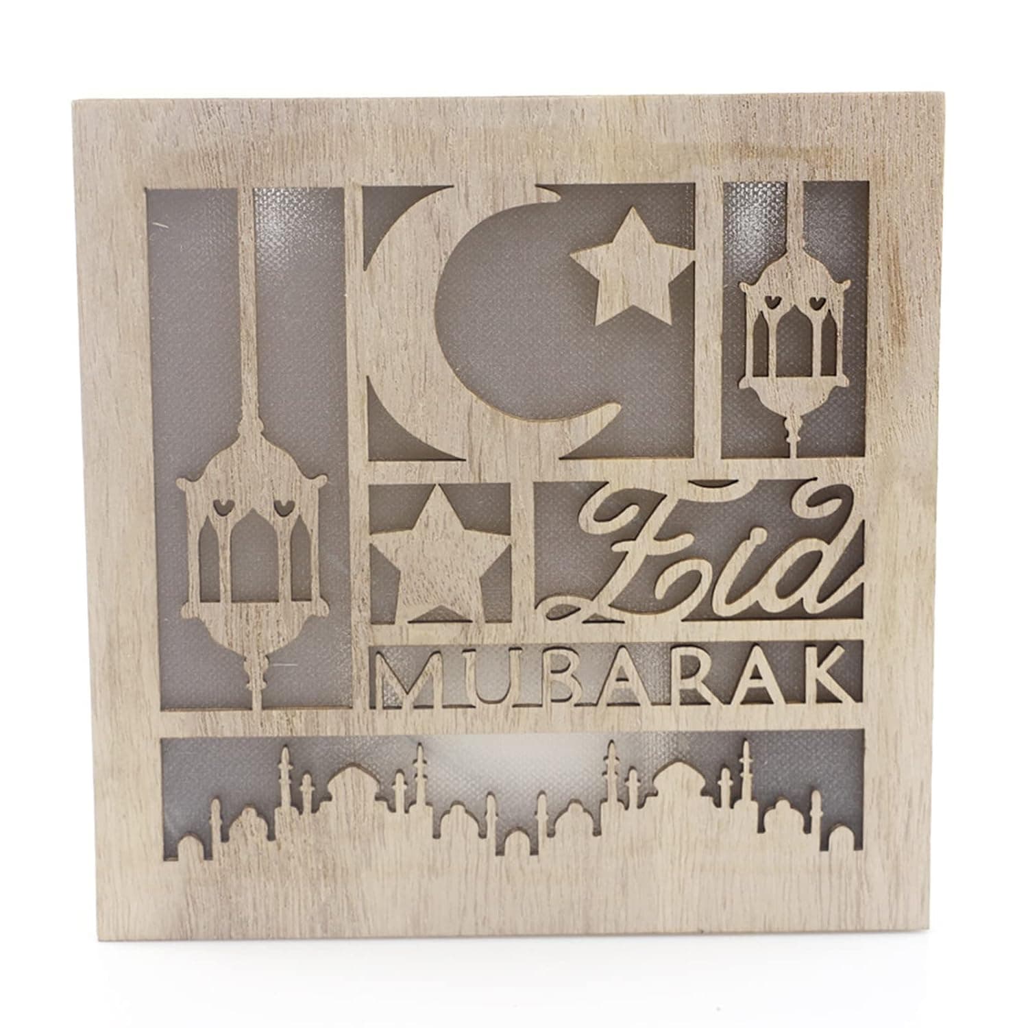 Fawoonu Wooden Iftar decorations with LED lights Ramadan Iftar decorations Wooden pentagram lights Ramadan wooden lights Family party supplies Square